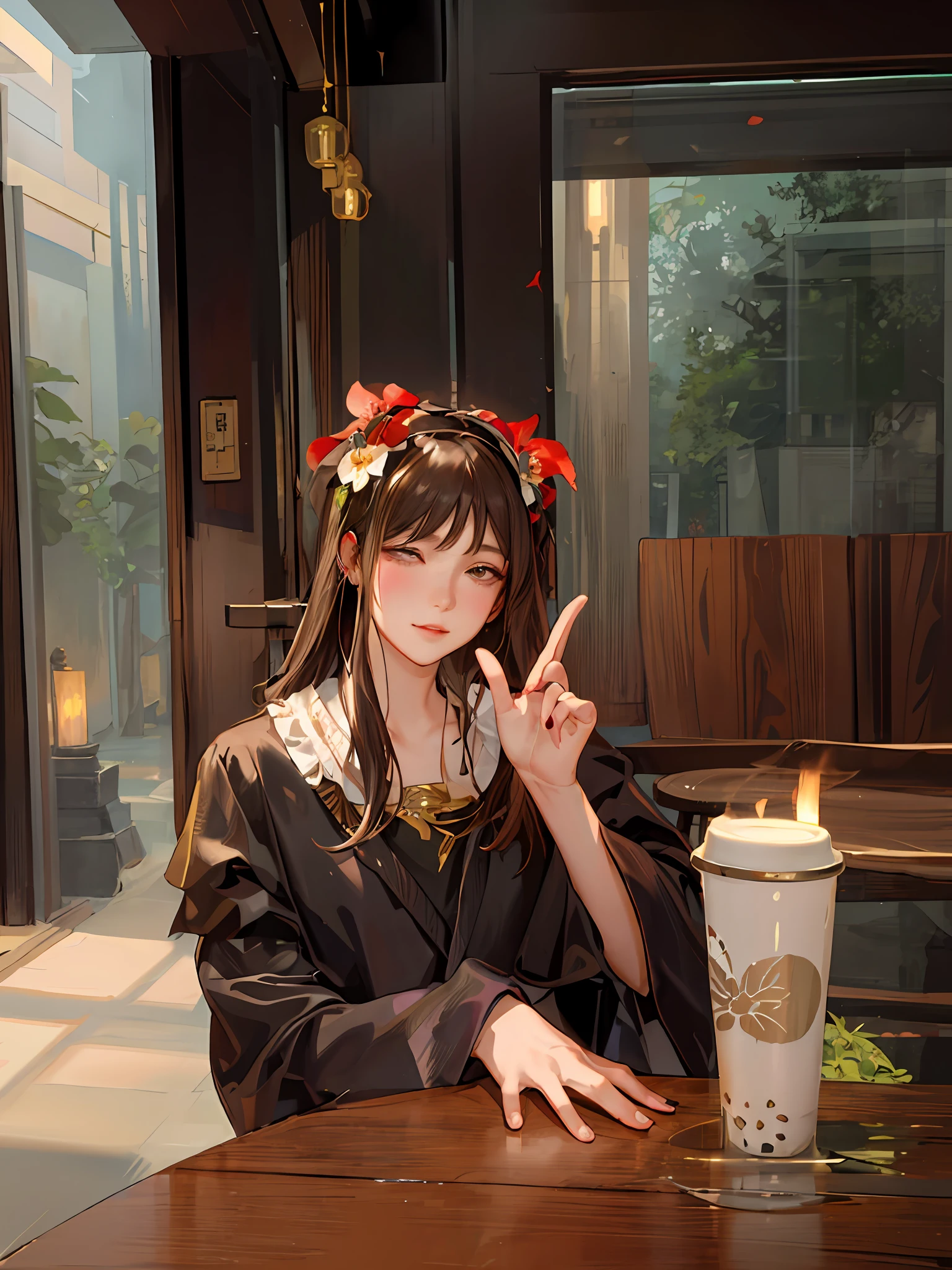 an elegant young woman sitting on a wrought iron bench in the center of a lush garden. The garden should be filled with colorful flowers and greenery, creating a vibrant and serene atmosphere. The woman should have long, flowing brown hair, styled in loose curls that fall gently down her back. She should be wearing a flowing white dress with delicate lace accents, which floats around her as she sits on the bench. In her left hand, the woman should be holding a leather-bound book with gilded pages, as if she were in the middle of reading it. Her right hand should be resting gently on a small, ornate table that is positioned next to the bench. On the table, there should be a vase of freshly cut flowers, with bright red and yellow petals that perfectly complement the surrounding flora. Next to the vase, there should be a small cup of steaming tea, emitting fragrant steam that curls up into the air. The woman should have a serene expression on her face, as if she is completely at peace and enjoying the natural beauty around her. Her eyes should be closed, as if she is savoring the aroma of the flowers and the warm breeze on her skin. The overall image should convey a sense of tranquility and contentment