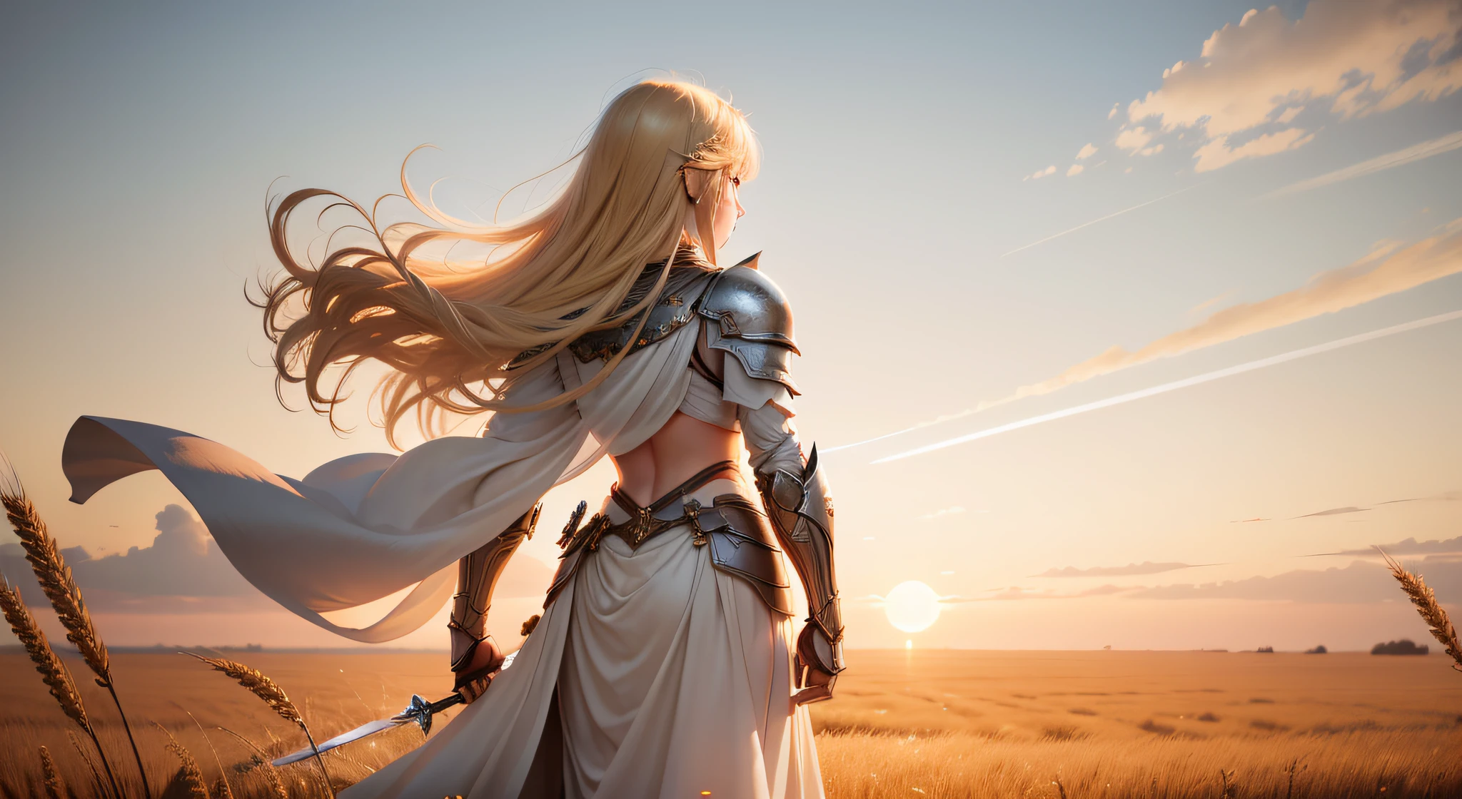 A blonde girl in delicate white armor，Holding a precious sword，Stand in a wide field of gold-waisted high wheat。Sunset ahead，Back photo，without showing face