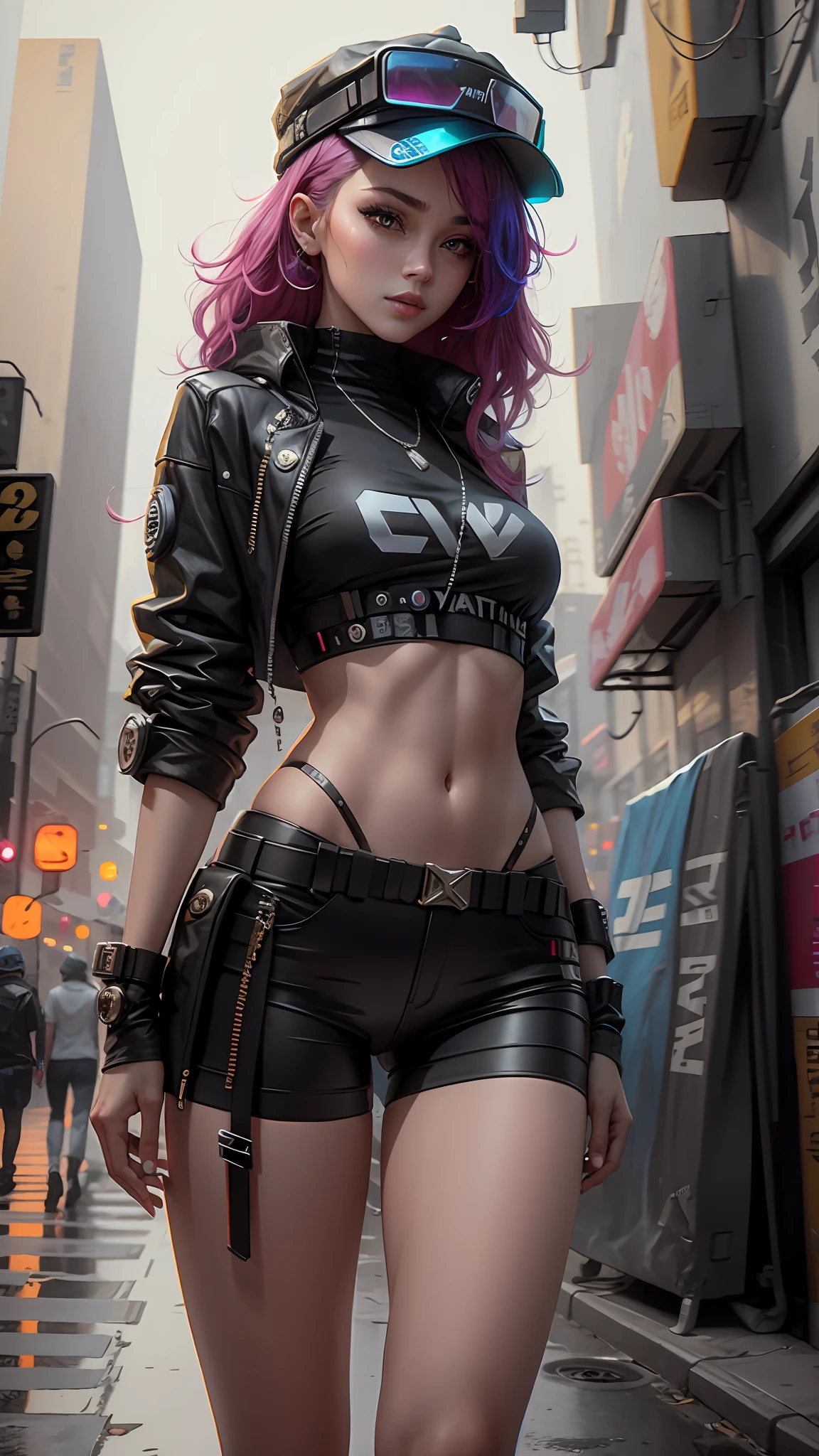 Beautiful woman medium hair, wearing cap, cyberpunk style short clothes