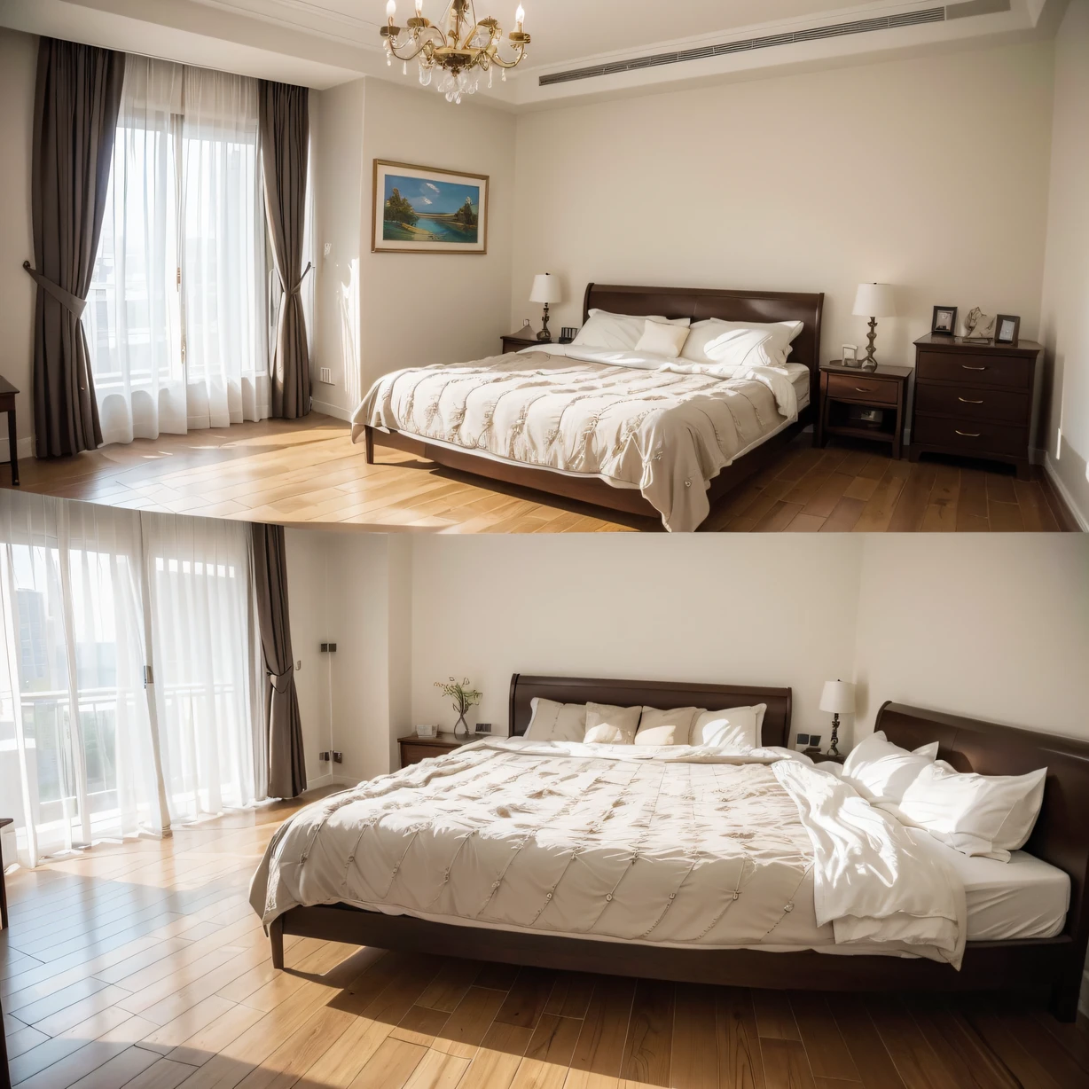 ,masterpiece, best quality,8k, ultra highres,Step into this peaceful and elegant bedroom,It's like you're in a dream that blends neoclassical and Southeast Asian elements。Light wood floors、Delicately carved headboard、Delicate silk curtains,Embellished with a haven of comfort。The bed is furnished with soft silk bedding and ornate cushions,Enjoy a royal sleep experience every night。In this bedroom full of romance,You'll have a private world of your own。