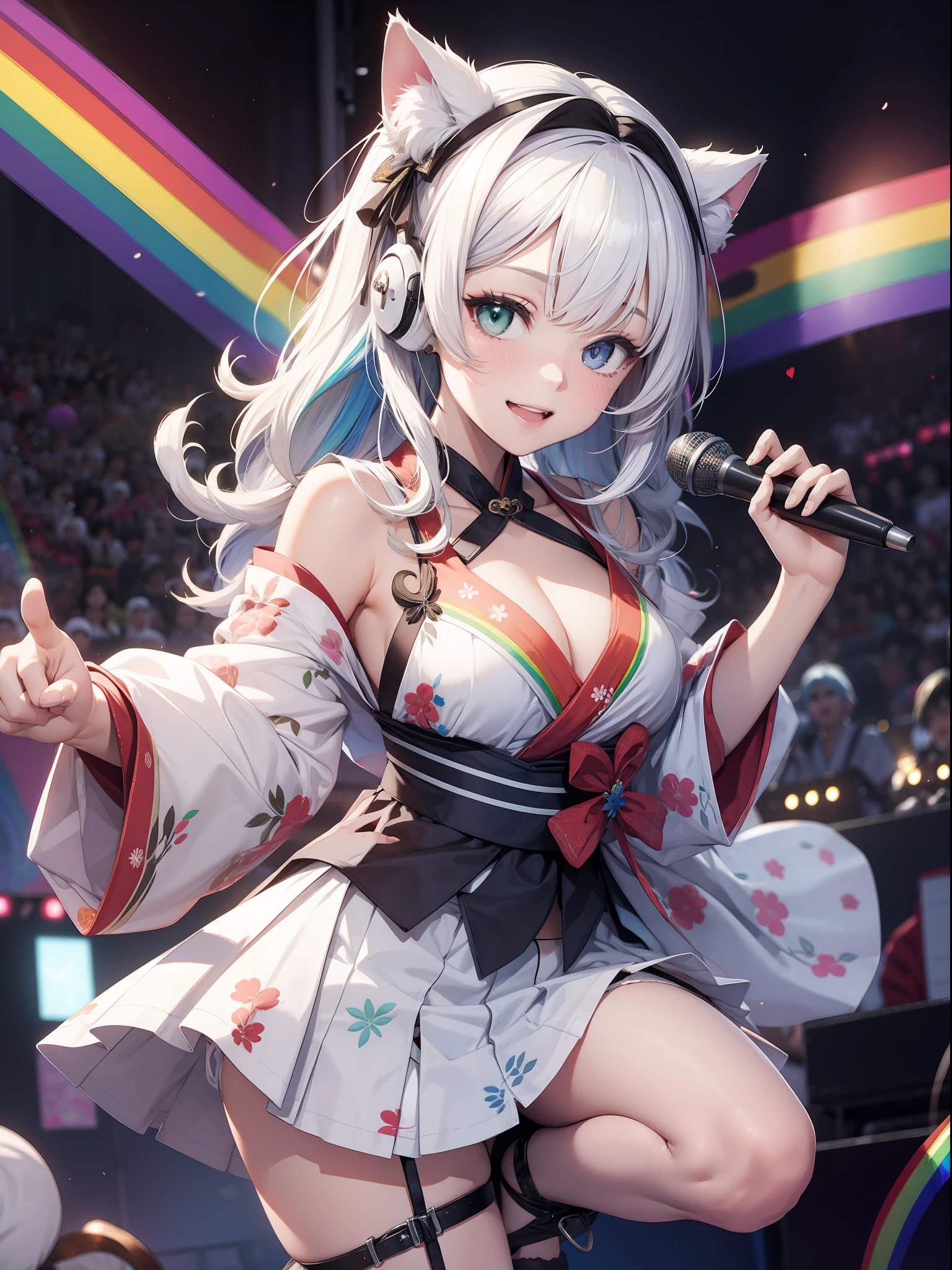absurderes、ultra-detailliert、masterpiece、top-quality、BREAK、Official art、(Beautifully Aesthetic:1.2)、(watercolor paiting:Curly)、BREAK、Devilish Pretty Girl 1.2、a beauty girl、(kawaii:⒈3)、sixteen years old、BREAK、((rainbow color Hair:1.4))、BREAK、striated hair、((Random hairstyle:1.2))、(Splash)、(フラクタルアート1.3)、BREAK、Cat's ears、A sexy、(Cat gloves、Fluffy hands)、BREAK、Like a cat's paw、Short socks、humanoide、BREAK、((Chinese yukata with open chest、garterbelts))BREAK、((heterochromia iridis、BREAK、Variegated eyes))、BREAK、Since a while ago:1.2、Stick your butt out in the audience seat in the background、shyly smile、BREAK、Look at viewers、((Cute with embroidery pattern((blanche))String panties:1.2))、BREAK、((AI Concert:1.4))、BREAK、livestream、BREAK、Lighting with neon glow、Shyness、red blush、Happy smiling face、BREAK、Versatile poses:1.2、BREAK、Professional stage、BREAK、profetional lighting、BREAK、Stick your butt out and sing、BREAK、Singing with microphone in hand、Cute panties、Cute embroidery white:1.cute little((blanche))String panties:1.2 Skirt Lift Up:1.2、Fan Service