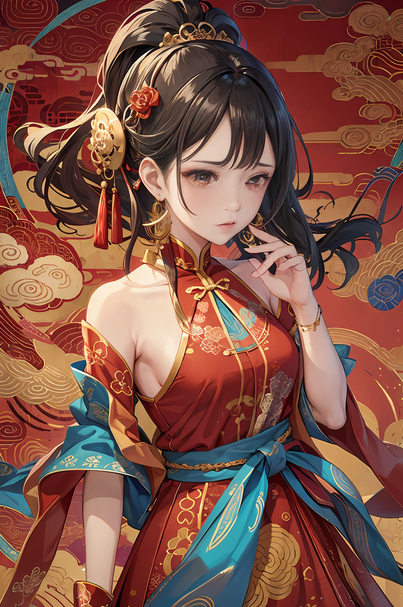 (tmasterpiece,top Quority,best qualtiy,offcial art,Beauty and aesthetics:1.2),(1girll:1.3),The is very detailed,(s fractal art:1.1),(a color:1.1)(blossoms:1.3),Most detailed,Red cheongsam,Climactic expression,facing to audience,Exquisite facial features,tear-mole( zentangle:1.2), (Dynamic pose), (abstract backgrounds:1.3), (Chinese Traditional Cloth:1.2), (Shiny skin), (many color:1.4), ,(Earrings:1.4),8K