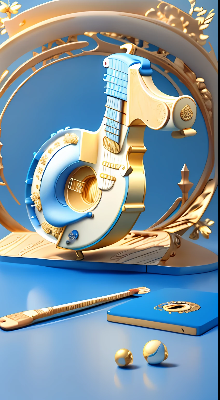 morandi color,blue white colors,,blue backdrop,starrysky:2,Golden curves,TikTok symbols(Internal guitar,microphones,Kim Violin,Golden magnolia flowers:2,Golden Bamboo),Gold plastic armor,Funeral style,Xianxia TV series