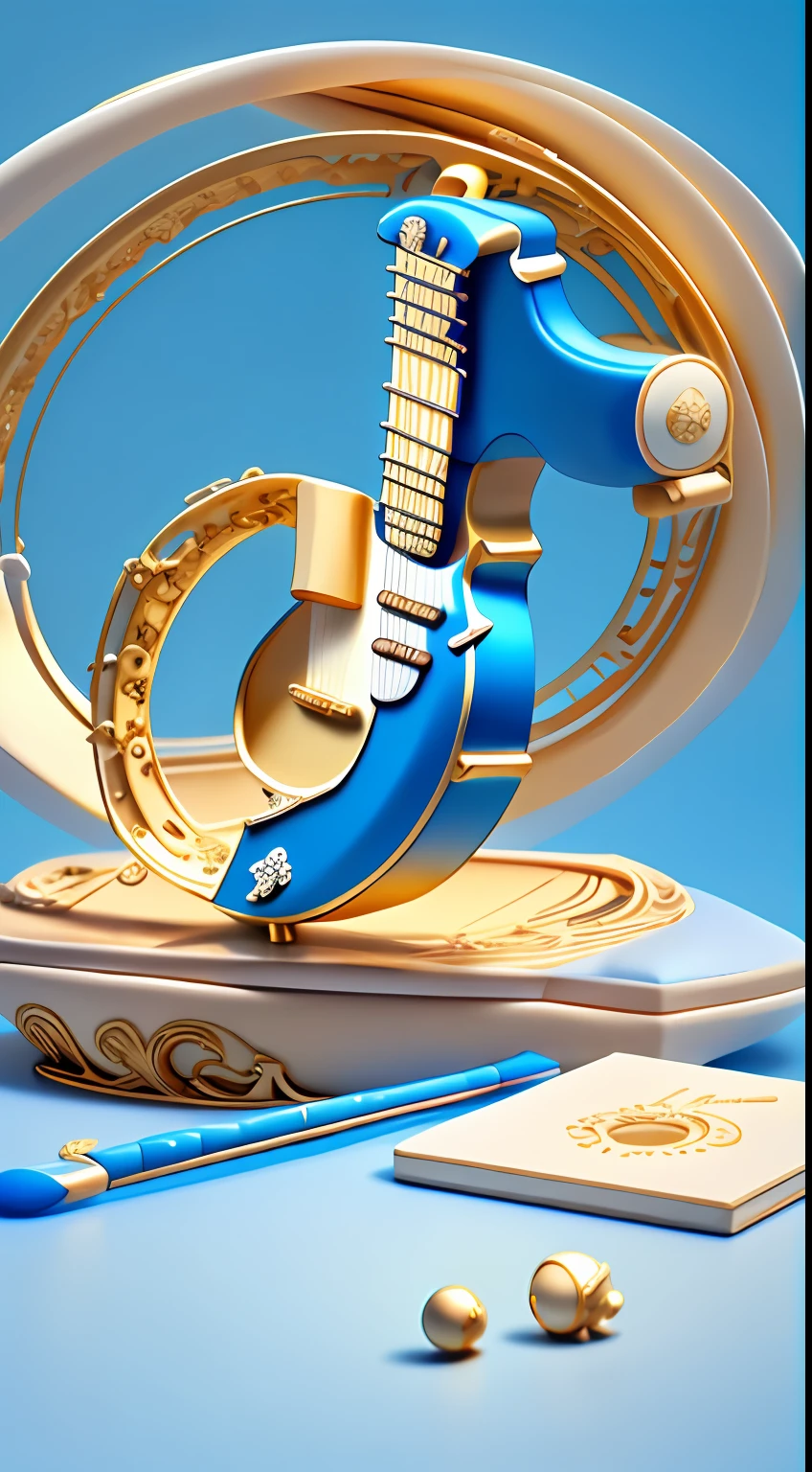 morandi color，blue white colors，,blue backdrop，starrysky:2,Golden curves,TikTok symbols（Internal guitar，microphones，Kim Violin，Golden magnolia flowers:2，Golden Bamboo），Gold plastic armor，Funeral style，Xianxia TV series