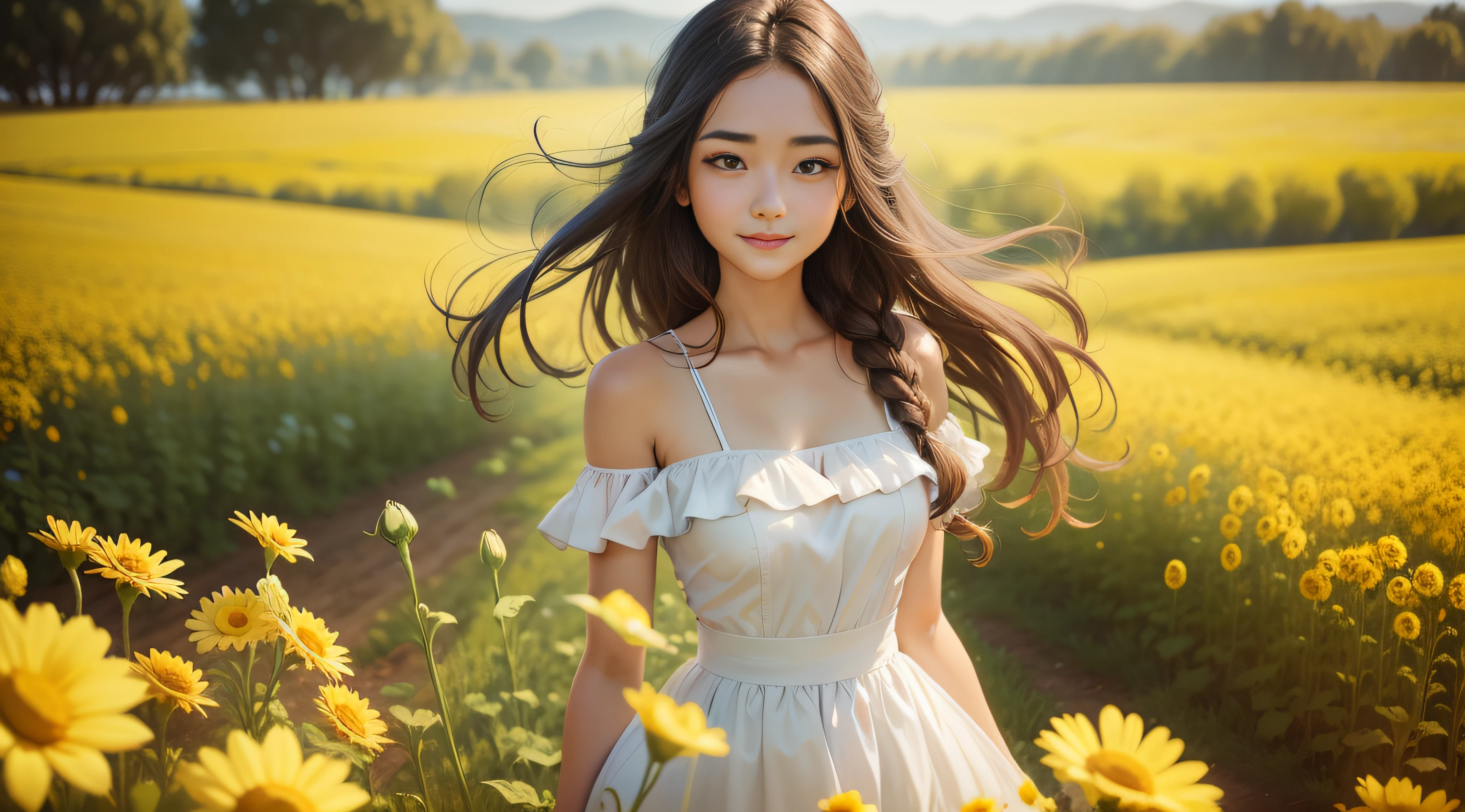 Beautiful girl in white dress standing in field full of rape flowers smiling, Exquisite photos
