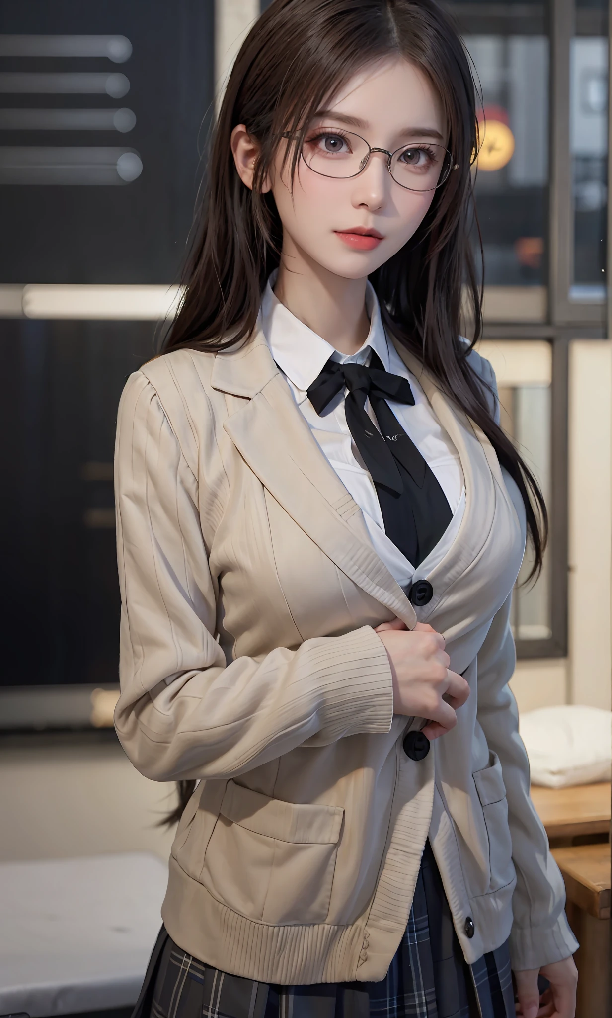 (RAW photos:1.2),high high quality,Beautiful Meticulous Girl,Highly detailed eyes and face,beatiful detailed eyes,hugefilesize,A high resolution,8k wallpaper,finely detailled,Highly detailed stock code uniform 8k wallpaper,light in face,电影灯光,16 year old girl,(photo-realism:1.4),illustratio,ultra-realistic realism,super detailing, tmasterpiece, Current School Classroom,On the lectern stage,In front of the blackboard,Wear a school uniform,wears glasses,Bigchest,low chest