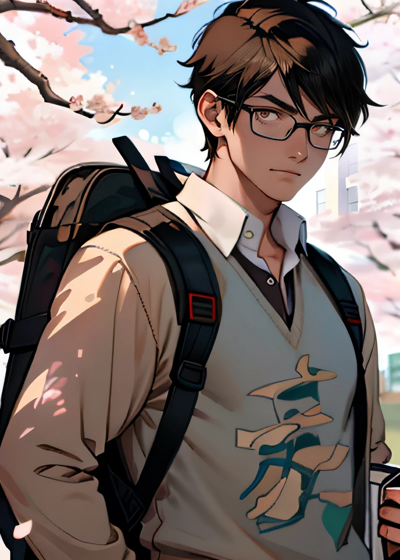 1boys，musculous，with short black hair，eye glass，with brown eye，finely-detailed eyes，（tmasterpiece，Best quality at best）），exteriors，White school uniform，full bodyesbian，looking at viewert，open shirts，（Hold the book），backpacks，depth of fields，（Mottled sunlight，SakuraNS），k hd，8K，high qulity，depth of fields
