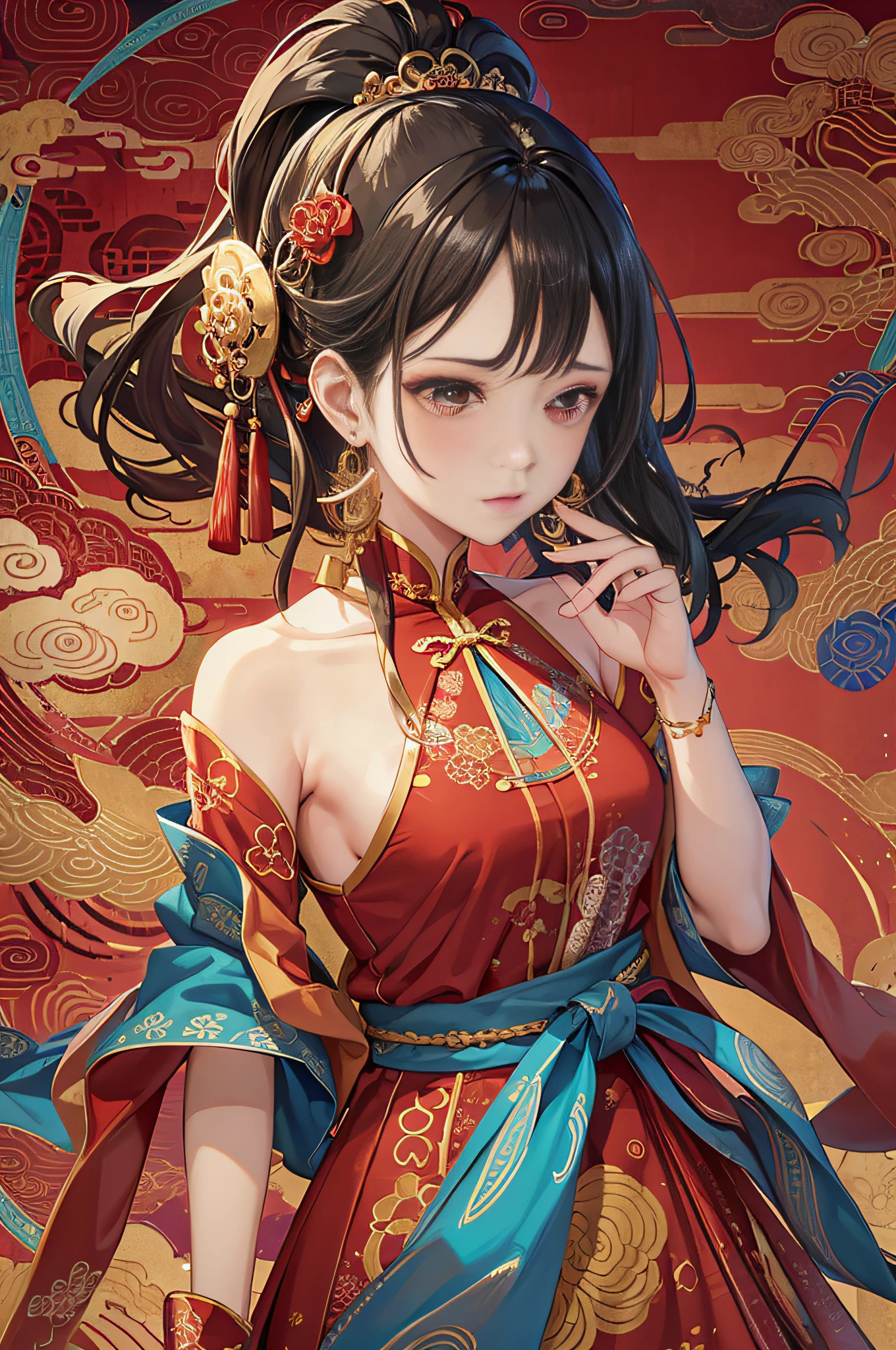 （tmasterpiece，top Quority，best qualtiy，offcial art，Beauty and aesthetics：1.2），（1girll：1.3），The is very detailed，（s fractal art：1.1），（a color：1.1）（blossoms：1.3），Most detailed，Red cheongsam，Climactic expression，facing to audience，Exquisite facial features，tear-mole（ zentangle:1.2), (Dynamic pose), (abstract backgrounds:1.3), (Chinese Traditional Cloth:1.2), (Shiny skin), (many color:1.4), ,(Earrings:1.4),8K