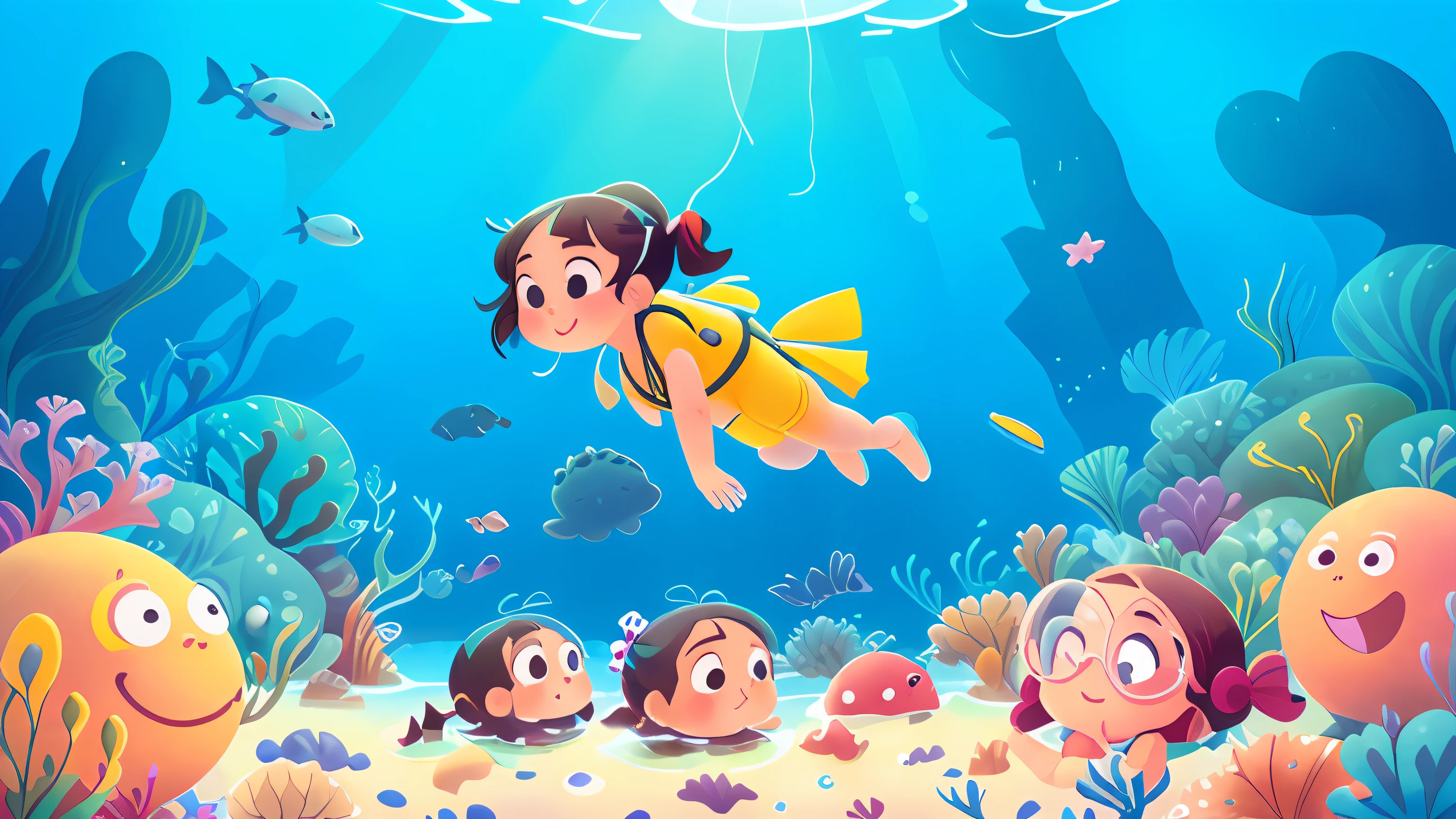 illustration of a girl in a diving suit and snorg in the ocean with pigtail hair, black swimsuit, full body