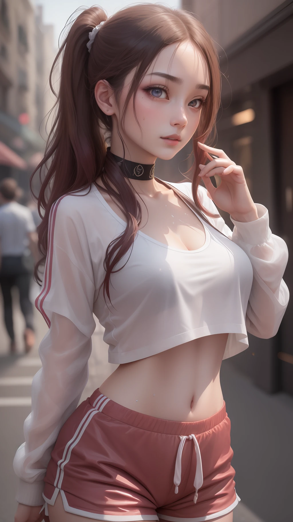 (Best image quality),Glowing eyes,high detal,exquisite facial features,Works of masters,best qualityer,Higher quality,超高分辨率,8K分辨率,depth of fields,s the perfect face,Glowing skin,Young woman,Maroon hair,Oblique ponytail,Delicate facial features,Colorful clear eyes,((shairband)),Clear silk tracksuit,(sweat shorts),Round chest,Dignified and beautiful,Charming,Blurred,Lively street,The flow of people,Side photo