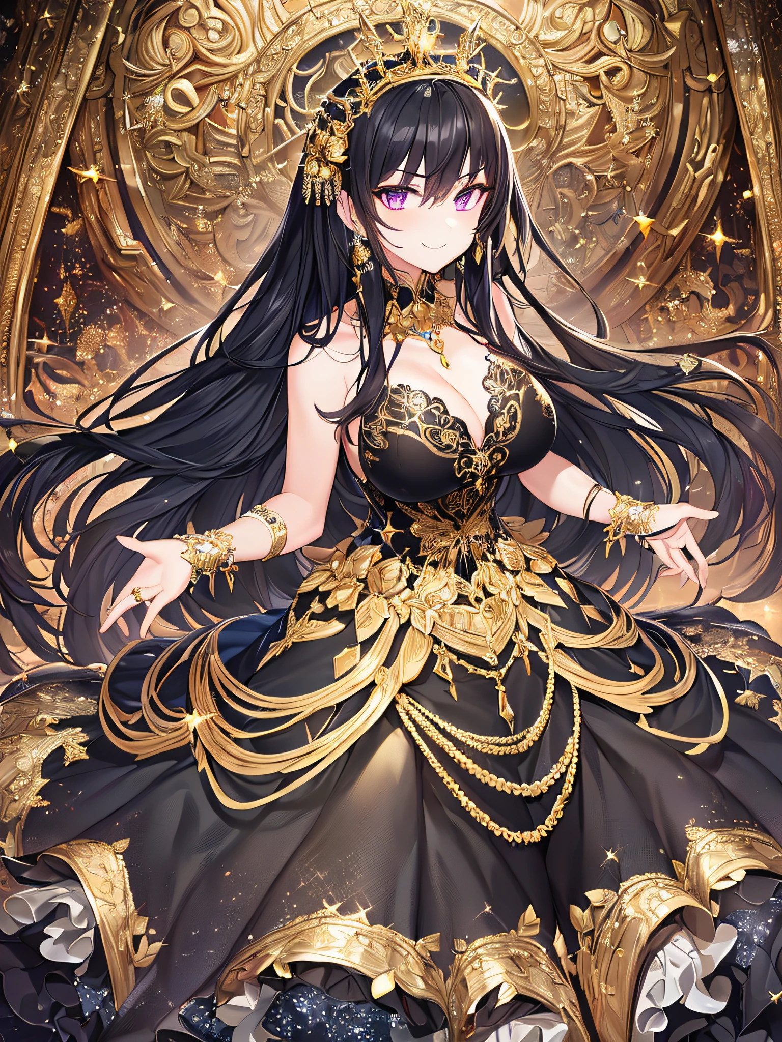 ((anime artstyle)),(Masterpiece),(Best Quality), (Super Detail),((Very Delicate and Beautiful)),Focus on character,Dynamic Angle,Looking at viewer,((Solo)),standing,((full body)),((one arrogant queen in glitter jeweled black and gold gorgeousfull ball gown with voluminous fluffy skirt)),((BlingBling)),((arrogant)),((arrogant and naughty smile)),(Purple eyes),Sharp eyes,detailed face and eyes,jewel-like eyes,((Very Long voluminous black Hair)),Straight Hair,((Bangs between eyes)),((gorgeousfull embroidery and lace)),gorgeous corsage,See-through,gorgeousfull BlingBling hair ornament,gorgeousfull glitter jeweled BlingBling tiara,ornate ruffles,((gigantic breasts,Long breasts)),skindentation,((full body)),((hoop skirt,crinoline)),(((gorgeous embroidery and glitter jeweled black and gold gorgeousfull ball gown with voluminous fluffy skirt))),(full body),
