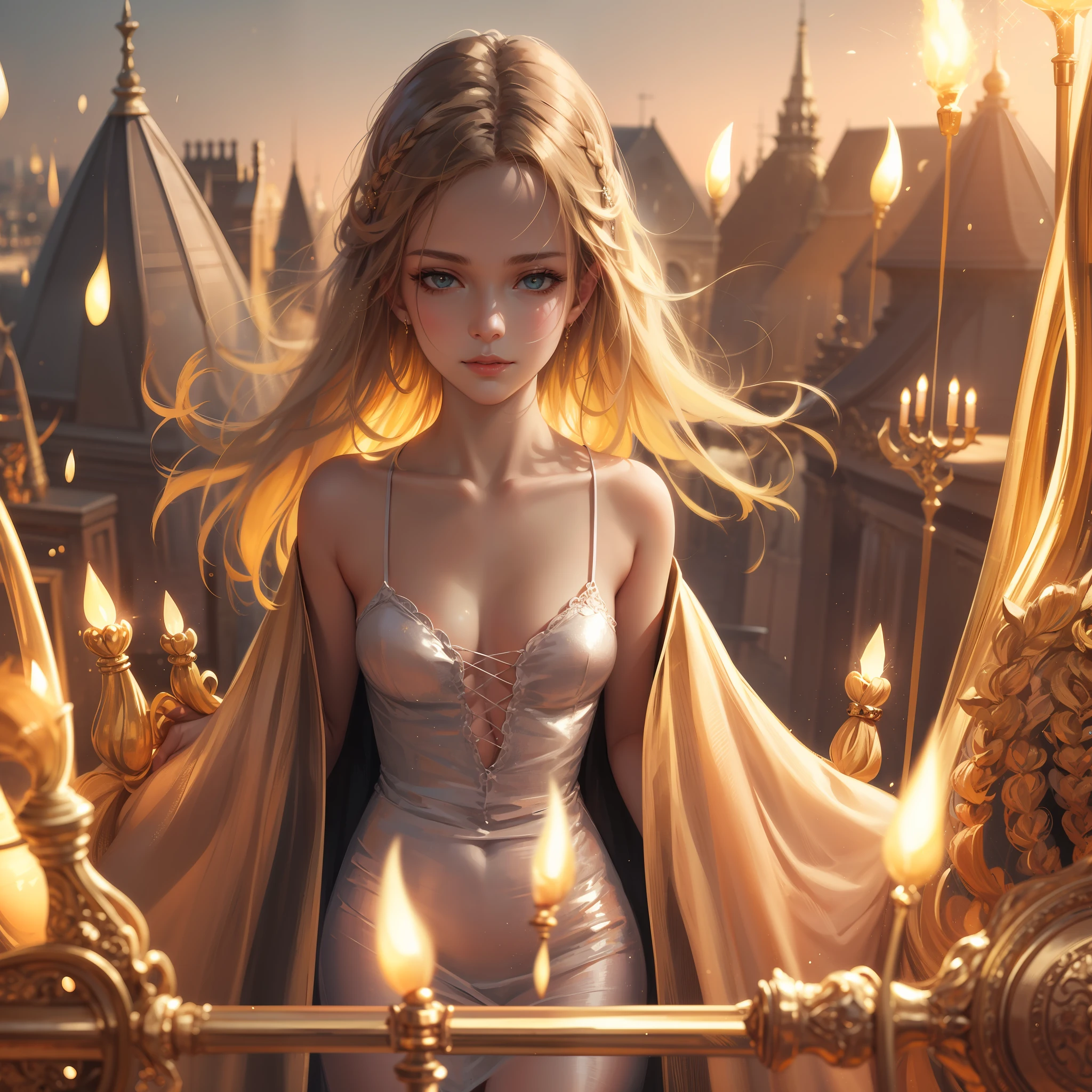 best quality, masterpiece, upper body,
(adult:1.6) hungarian woman, (smirk:0.4), arms behind head,
braided golden hair,
sparkling eyes,
victorian sundress,
 floating light particles, centered, --auto