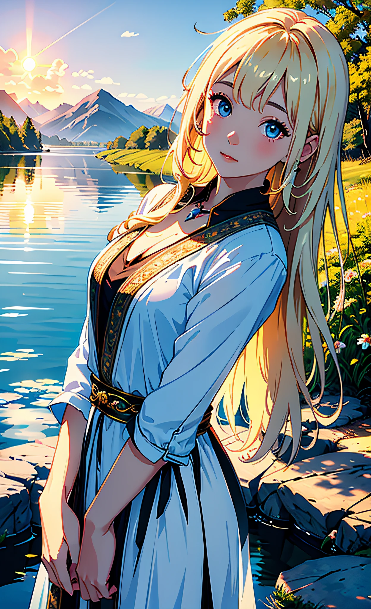 1 girl, serene expression, mesmerizing eyes, straight long hair, flowing dress, poised posture, porcelain skin, subtle blush, crystal pendant
BREAK
golden hour, (rim lighting):1.2, warm tones, sun flare, soft shadows, vibrant colors, painterly effect, dreamy atmosphere
BREAK
scenic lake, distant mountains, willow tree, calm water, reflection, sunlit clouds, peaceful ambiance, idyllic sunset, ultra detailed, official art, unity 8k wallpaper
, zentangle, mandala