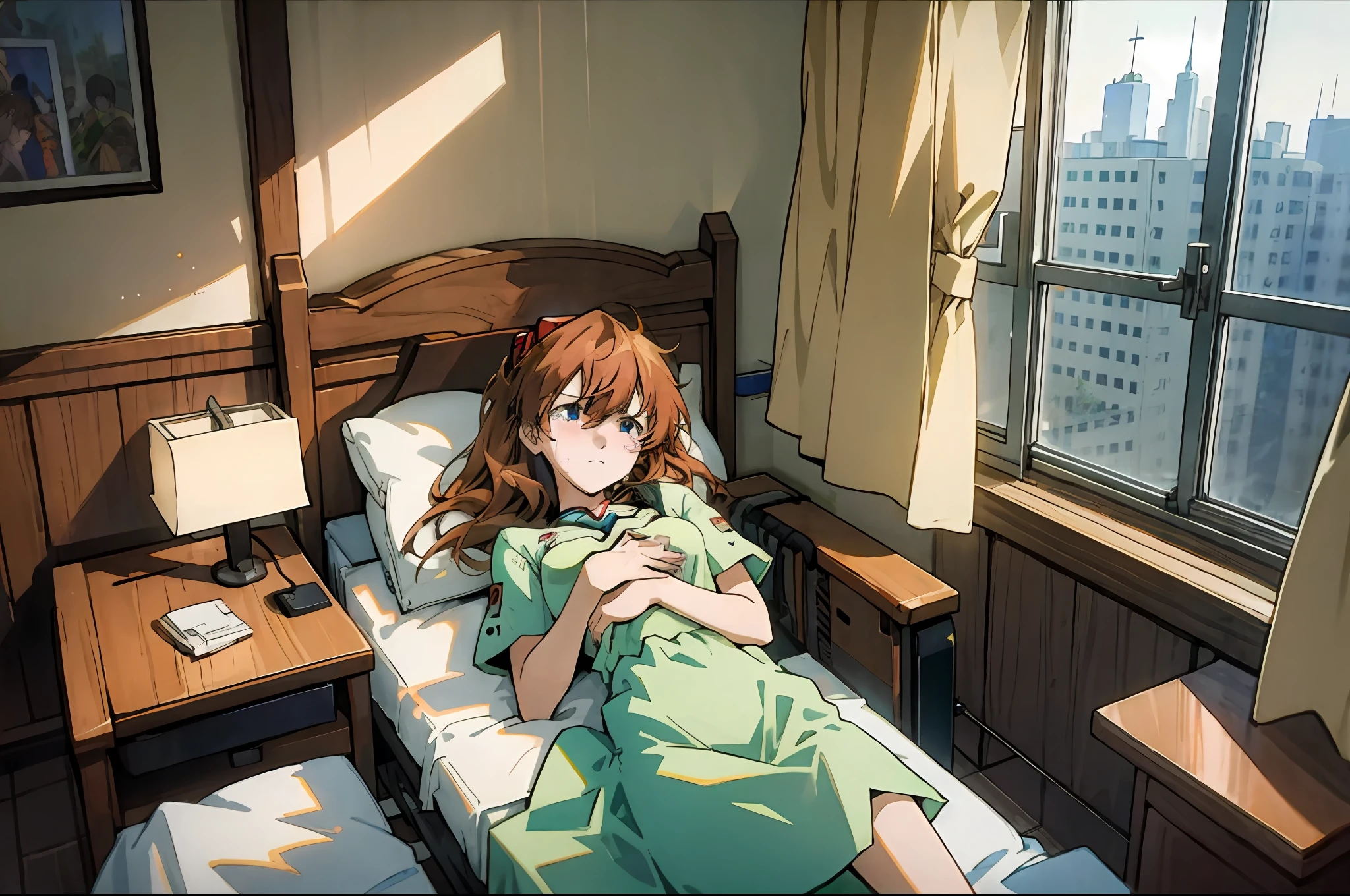 masterpiece, best quality,1girl, asuka, hospital, sad, tears, indoors, window, light sunlight, lying, bed,