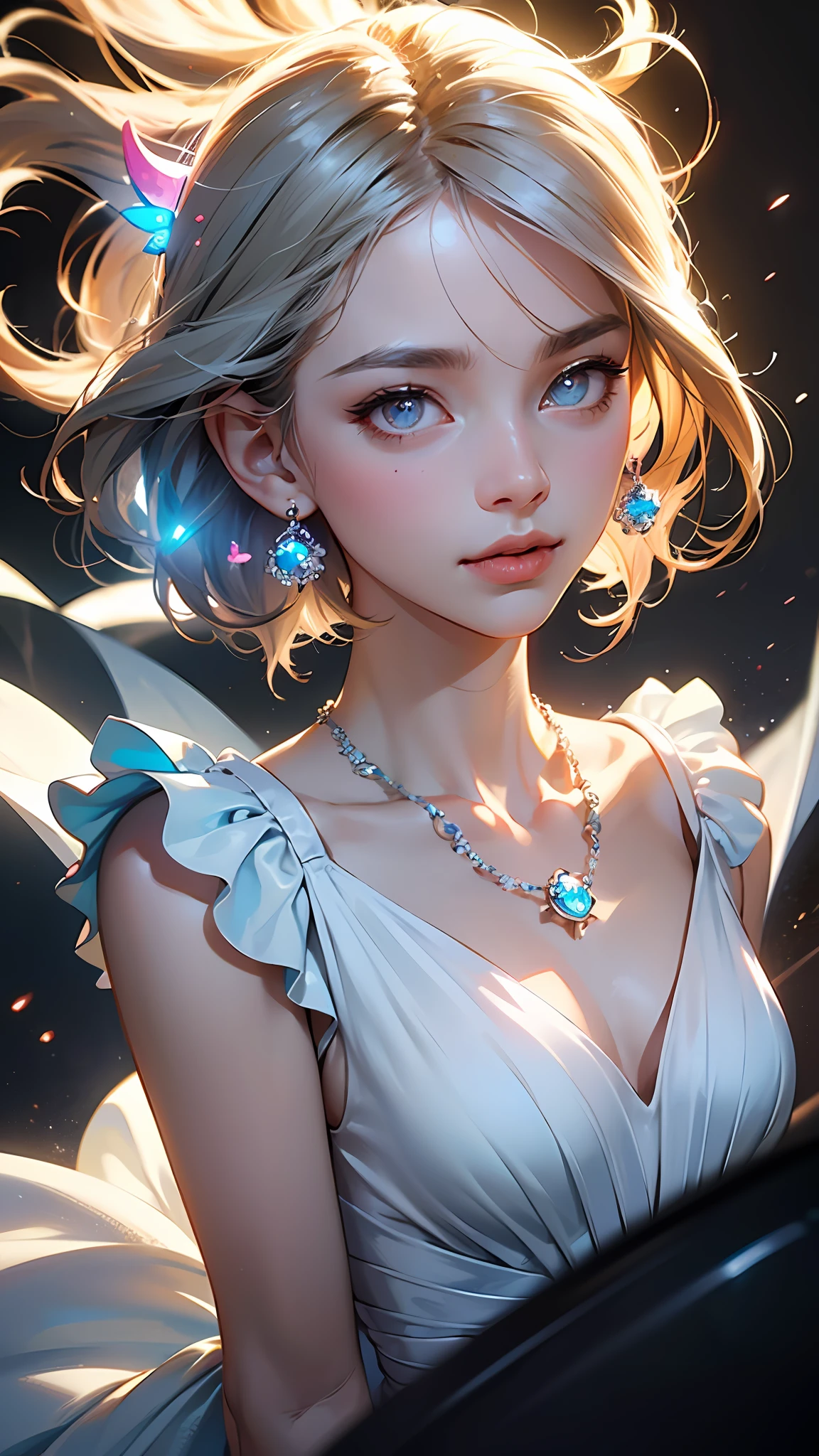masterpiece, best quality, illustration, sax blue, platinum earrings, platinum necklace, white dress, 1girl, cute, (dynamic lighting:1.2), cinematic lighting, delicate facial features, detailed eyes, sharp pupils, realistic pupils, depth of field, bokeh, sharp focus, (hyper-detailed, bloom, glow:1.4), many small gems --auto