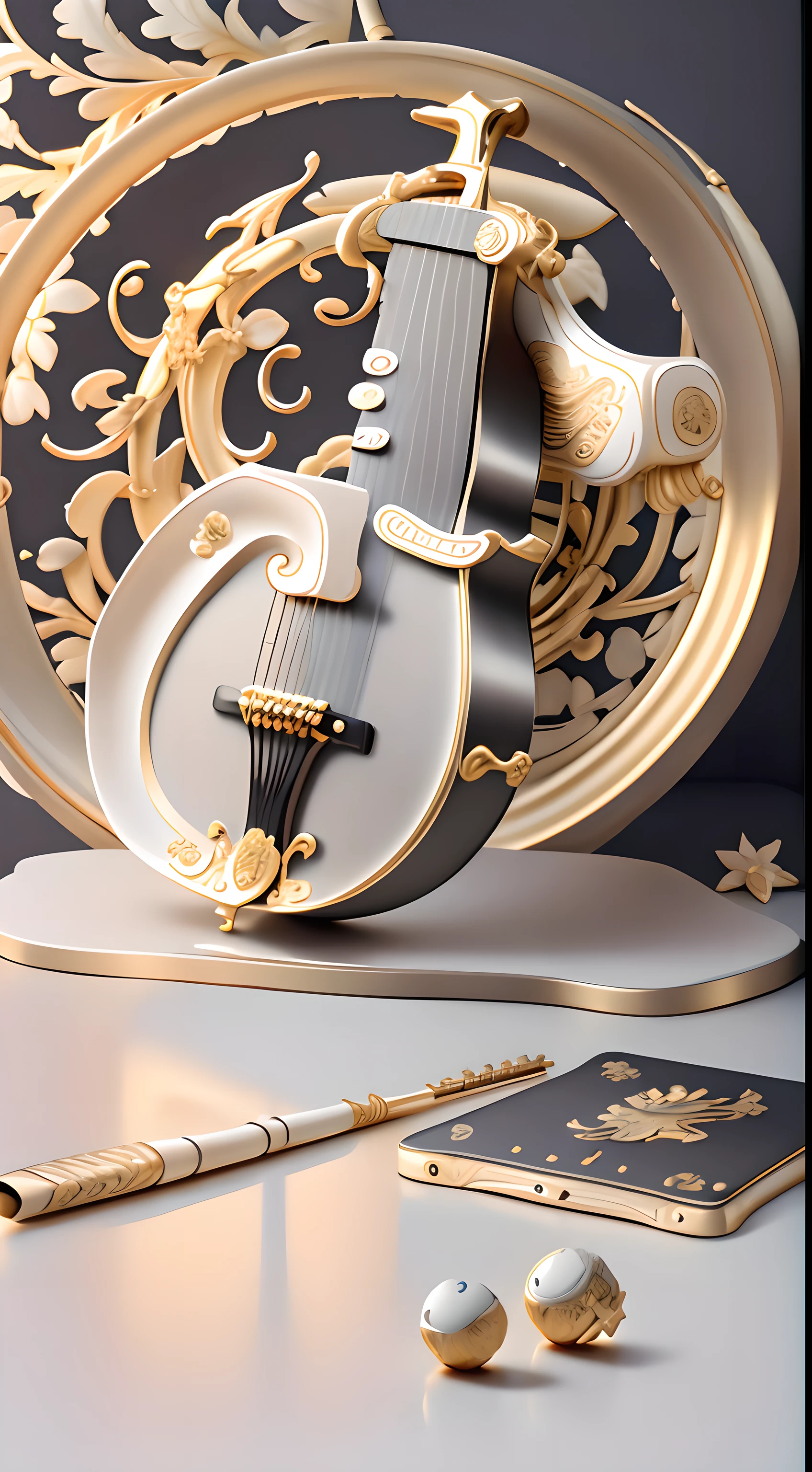 kosmos,Premium gray:1.5,Black gray white,with black background,starrysky:2,Golden curves,TikTok symbols(Internal guitar,microphones,Kim Violin,Golden magnolia flowers:2,Golden Bamboo),Gold plastic armor,Funeral style,Xianxia TV series