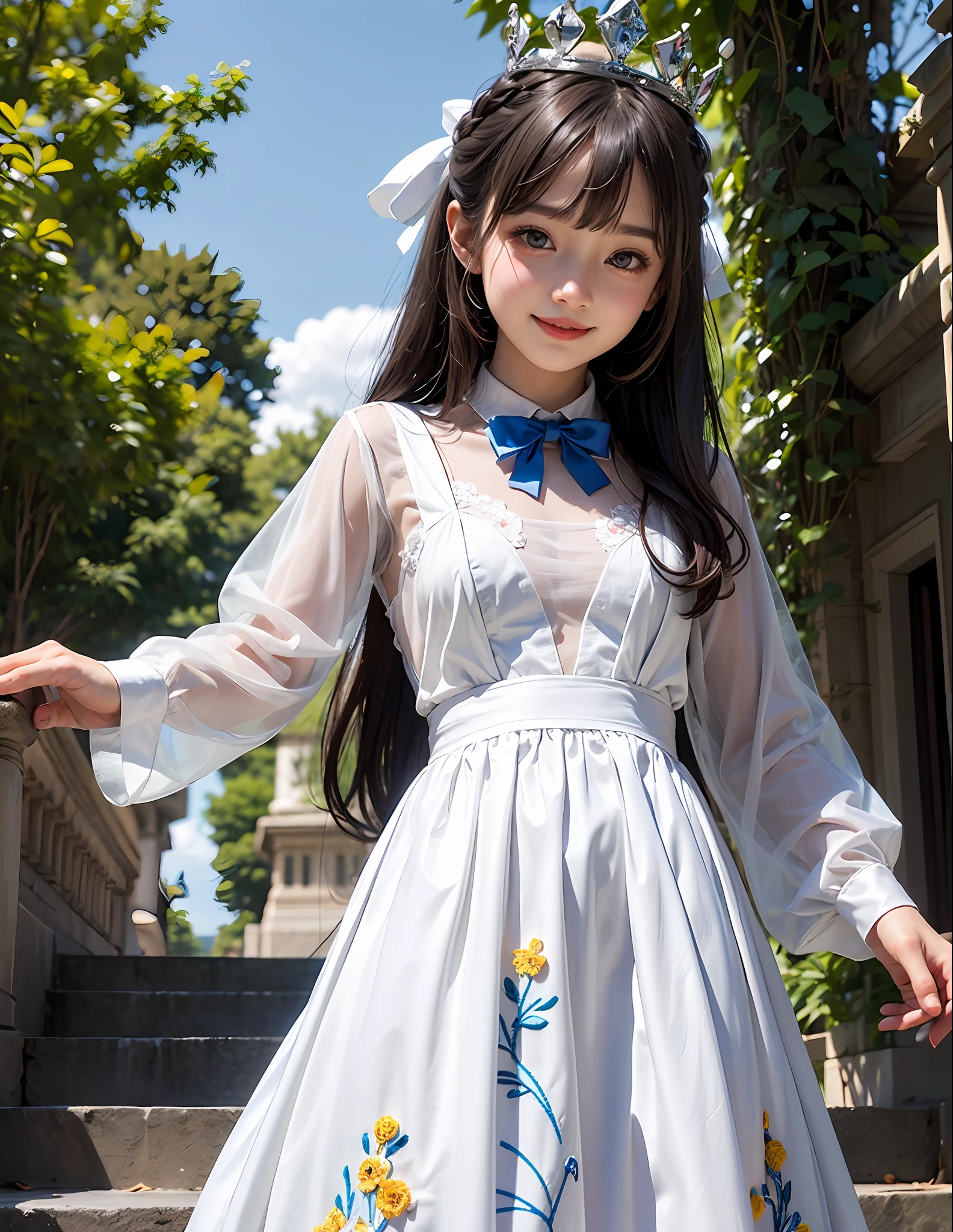 1Blittle girl,double tails,brunette color hair,By bangs,White embroidered long dress,Blue bow,9-year-old female model,Princess,crown,Smile,