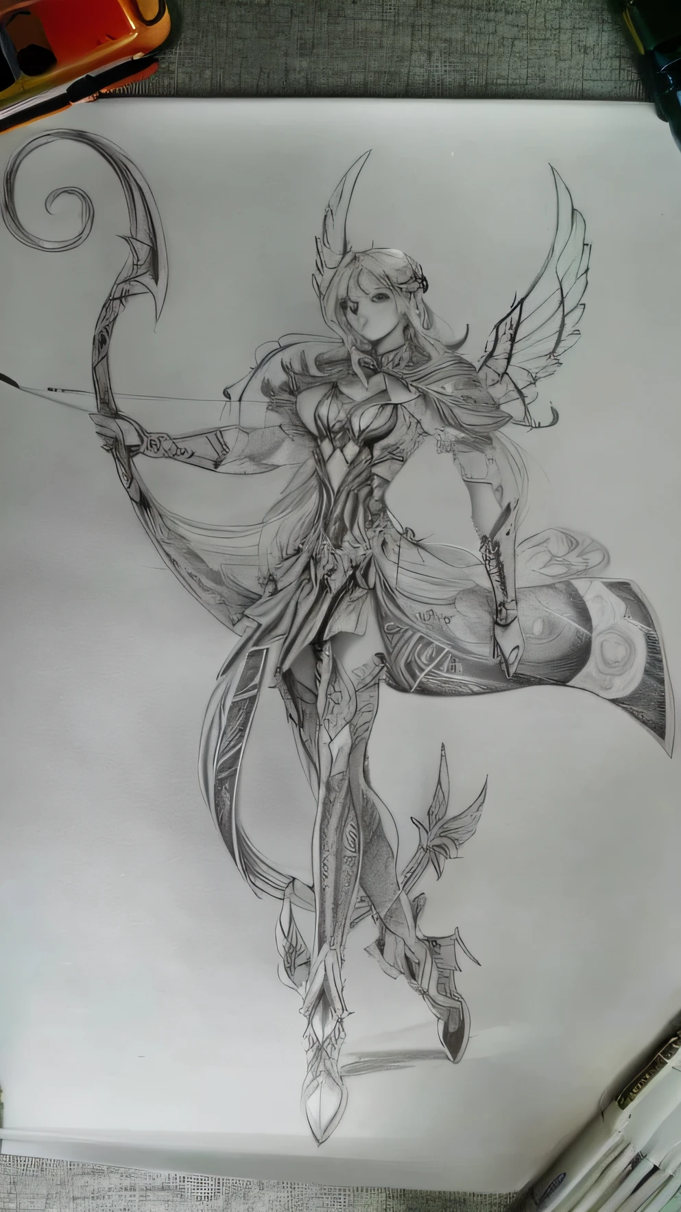 Draw a woman with a bow and arrow on an apple tablet, fantasy painting of, complex fantasy character, detailed full-body concept, old sketch, There are large winged archers,Rich in color，Low color purity，art painting, concept tattoo design, faded drawing, , art sketch, Humanoid form, anime figure; Full-body art, tattoo design sketch, full body concept