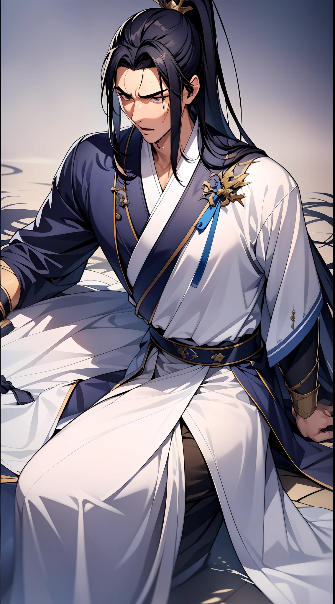 quadratic element，style of anime，mtu（Male Warrior），closeup of face，musculature，The proportions are correct，Face details，swordsmen，High ponytail hairstyle，perspired，Sweat on the face，drools，Neck details，There is an Adam's apple，Get wet，Drenched，White Hanfu costume，kaftan，Embroidered robes，robe，clothes details，Handing over，longer sleeves，Wear arm guards、Armour，Game quality，Swordsmanship，Light and shadow tracking，Ray traching，detailed glow，cg render，hair detail，blue colored eyes（eyes glowing），cabelos preto e longos，Sweat on the face，Handsome，Handsome，Beads of sweat slipped down my neck，（juvenile sense），Clothing is complicated，Drenched，Get wet，Perfectcomposition，Refinement，high qulity，higher details，Lots of details，The background is complex，a sense of atmosphere，facial closeups，