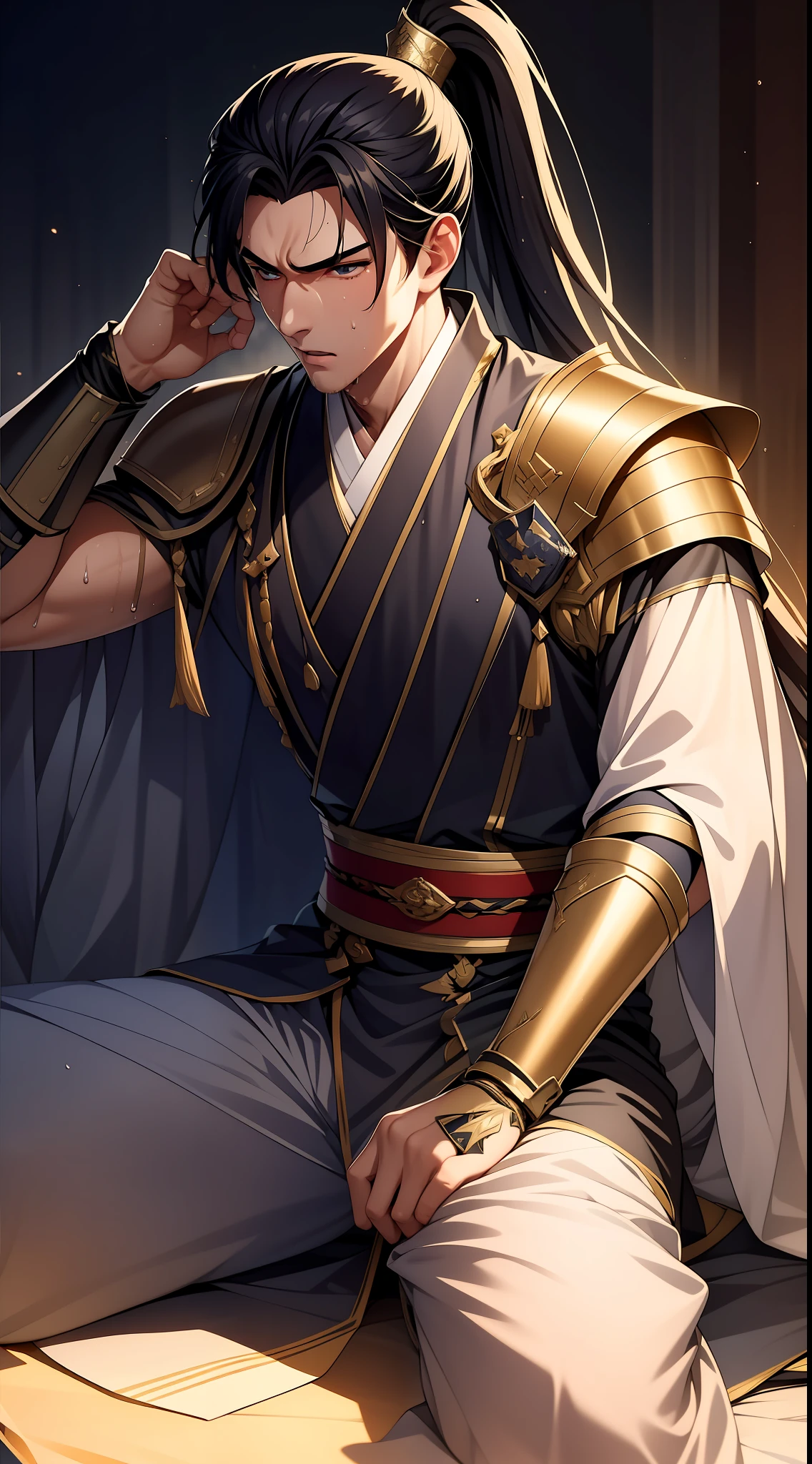 quadratic element,style of anime,mtu(Male Warrior),closeup of face,musculature,The proportions are correct,Face details,swordsmen,High ponytail hairstyle,perspired,Sweat on the face,drools,Neck details,There is an Adam's apple,Get wet,Drenched,White Hanfu costume,kaftan,Embroidered robes,robe,clothes details,Handing over,longer sleeves,Wear arm guards、Armour,Game quality,Swordsmanship,Light and shadow tracking,Ray traching,detailed glow,cg render,hair detail,blue colored eyes(eyes glowing),cabelos preto e longos,Sweat on the face,Handsome,Handsome,Beads of sweat slipped down my neck,(juvenile sense),Clothing is complicated,Drenched,Get wet,Perfectcomposition,Refinement,high qulity,higher details,Lots of details,The background is complex,a sense of atmosphere,facial closeups,