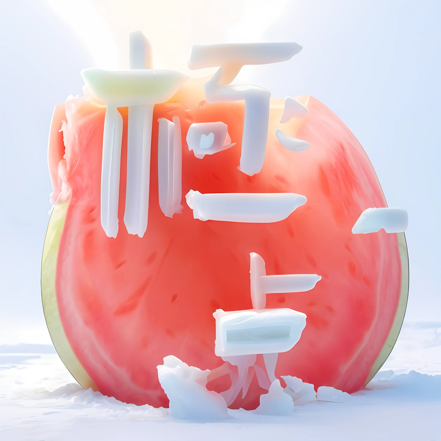 巨作,Best quality,water melon,Watermelon flesh lying on the back of ice,Watermelon flesh in ice。,at winter season,liyart,Studio lighting,realengine,trending on artstationh,ice cubes,ice land