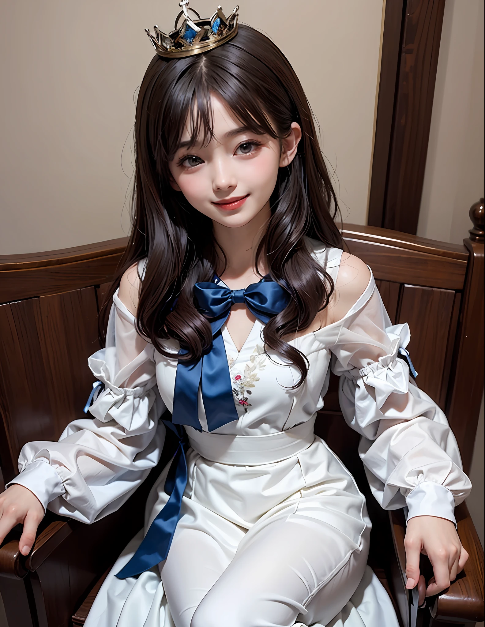 1Blittle girl,double tails,brunette color hair,By bangs,White embroidered long dress,Blue bow,9--old ale model,Princess,crown,Smile,