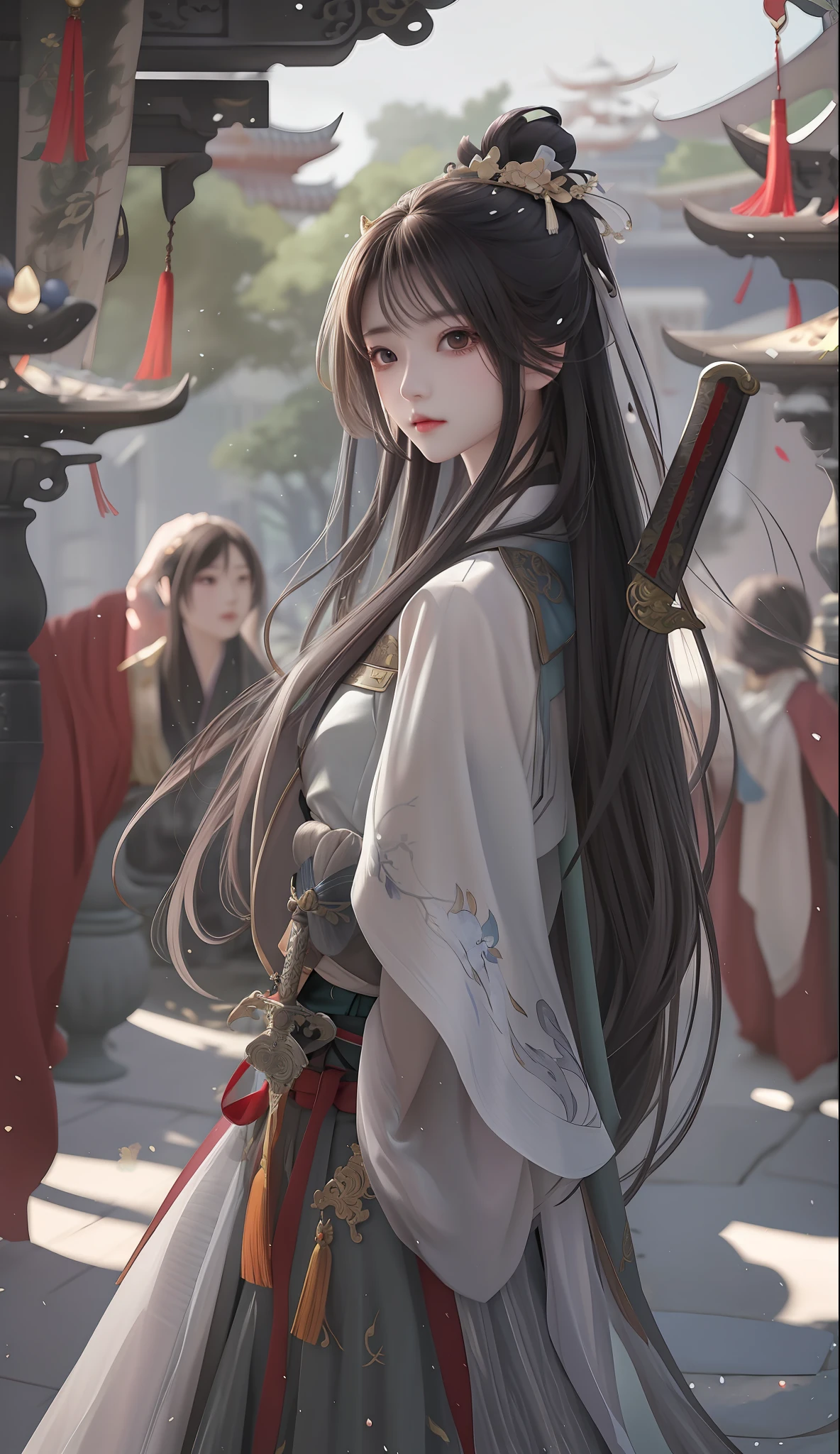 Anime girl with long hair and sword in the yard, Palace , A girl in Hanfu, Guviz-style artwork, holding a sword on her shoulder, Beautiful character painting, by Yang J, Guviz, She was holding a Tang knife, flowing hair and long robes, she is holding a sword, Anime girl with long hair