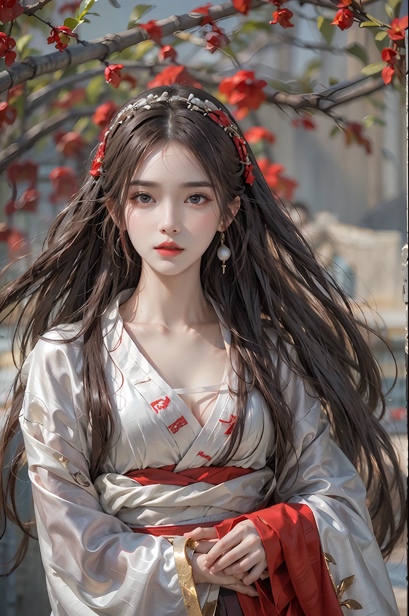 photorealistic, high resolution, 1 women, solo, hips up, beautiful eyes, long hair, red wedding hanfu, red mark on forehead, gorgeous accessories, wearing pearl earrings