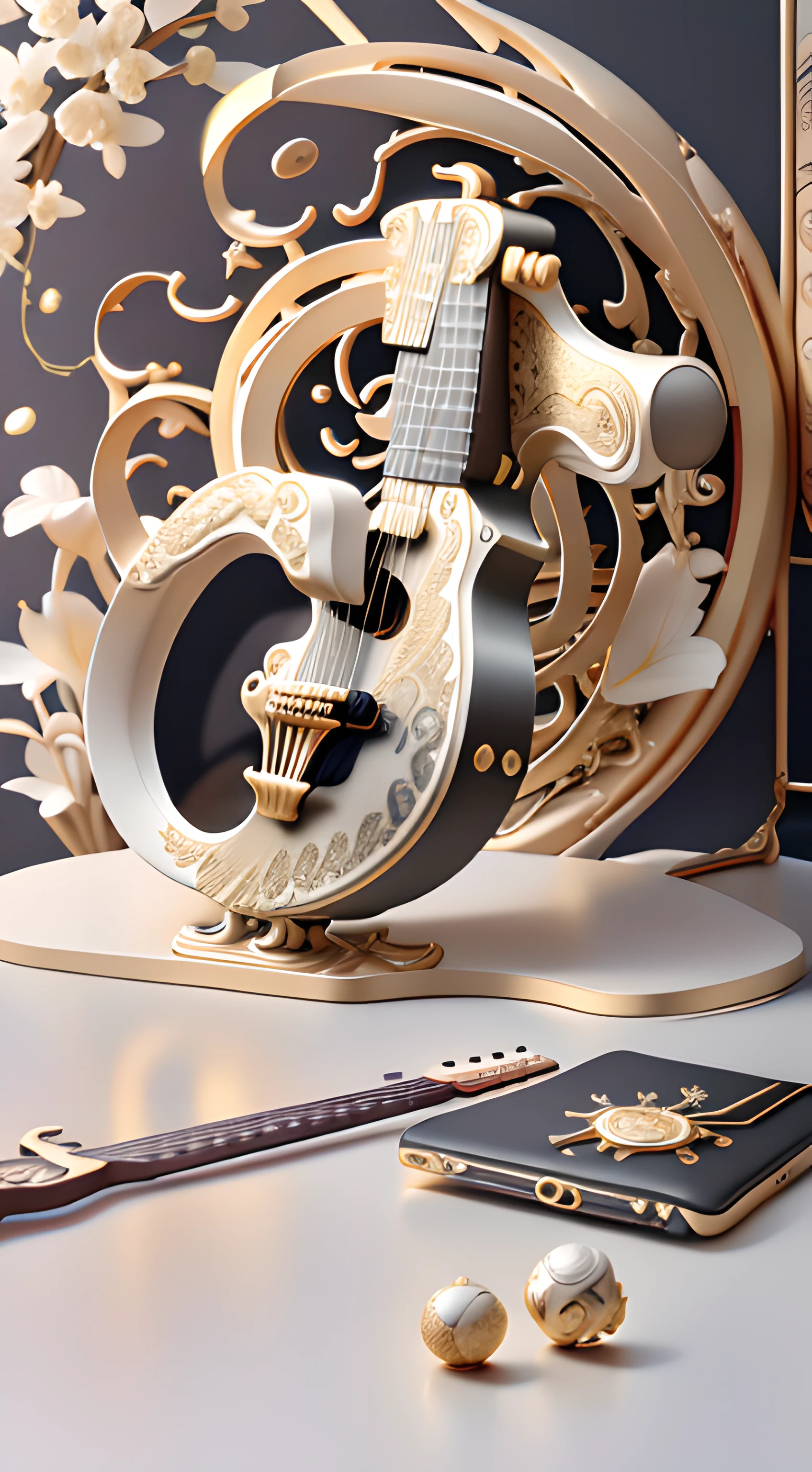 kosmos，Premium gray:1.5,Black gray white,with black background，starrysky:2,Golden curves,TikTok symbols（Internal guitar，microphones，Kim Violin，Golden magnolia flowers:2，Golden Bamboo），Gold plastic armor，Funeral style，Xianxia TV series