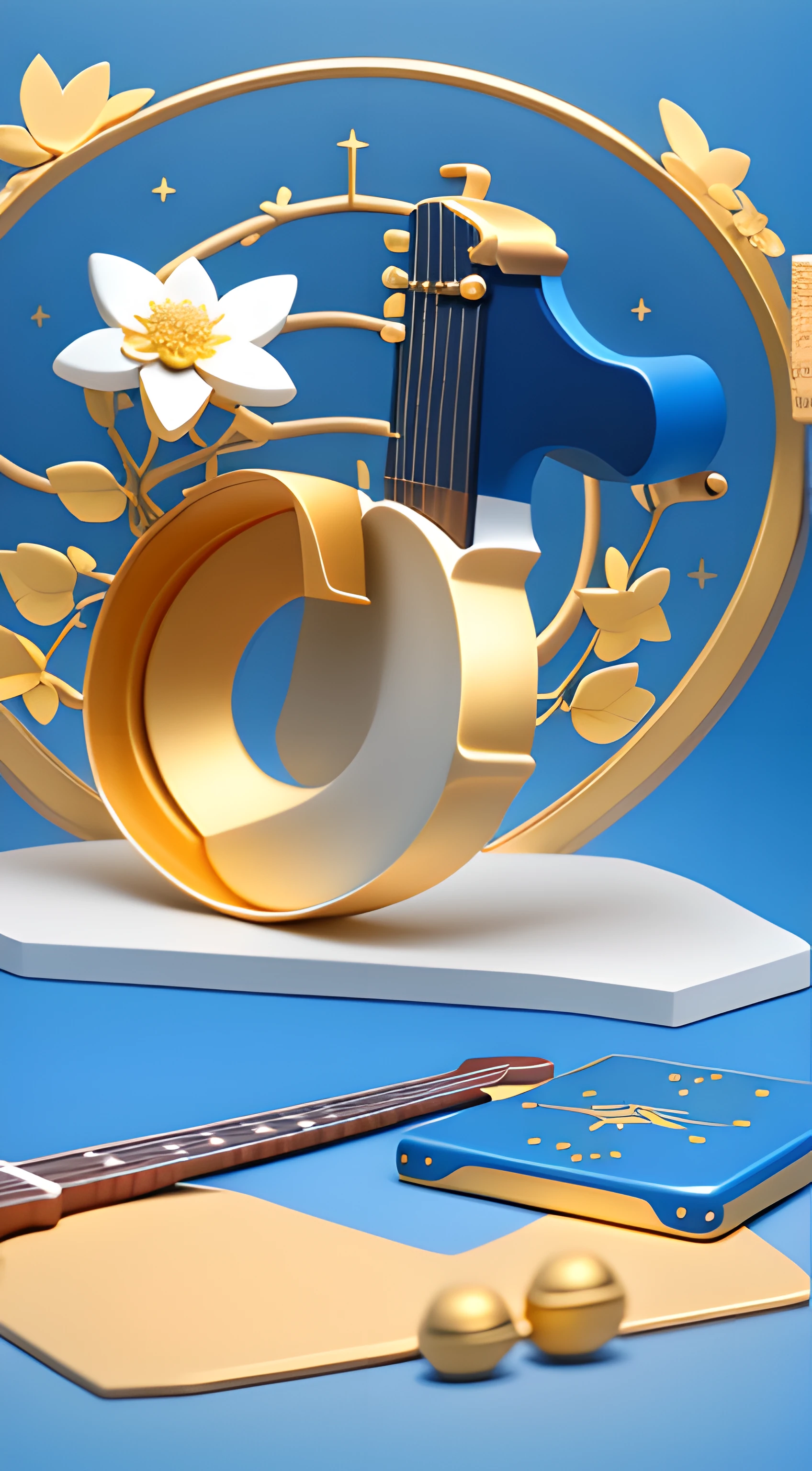 Morandi color，Blue-white high-grade gray:2,blue backdrop，starrysky:2,Golden curves,TikTok symbols（Internal guitar，microphones，Kim Violin，Golden magnolia flowers:2，Golden Bamboo），Gold plastic armor，Funeral style，Xianxia TV series
