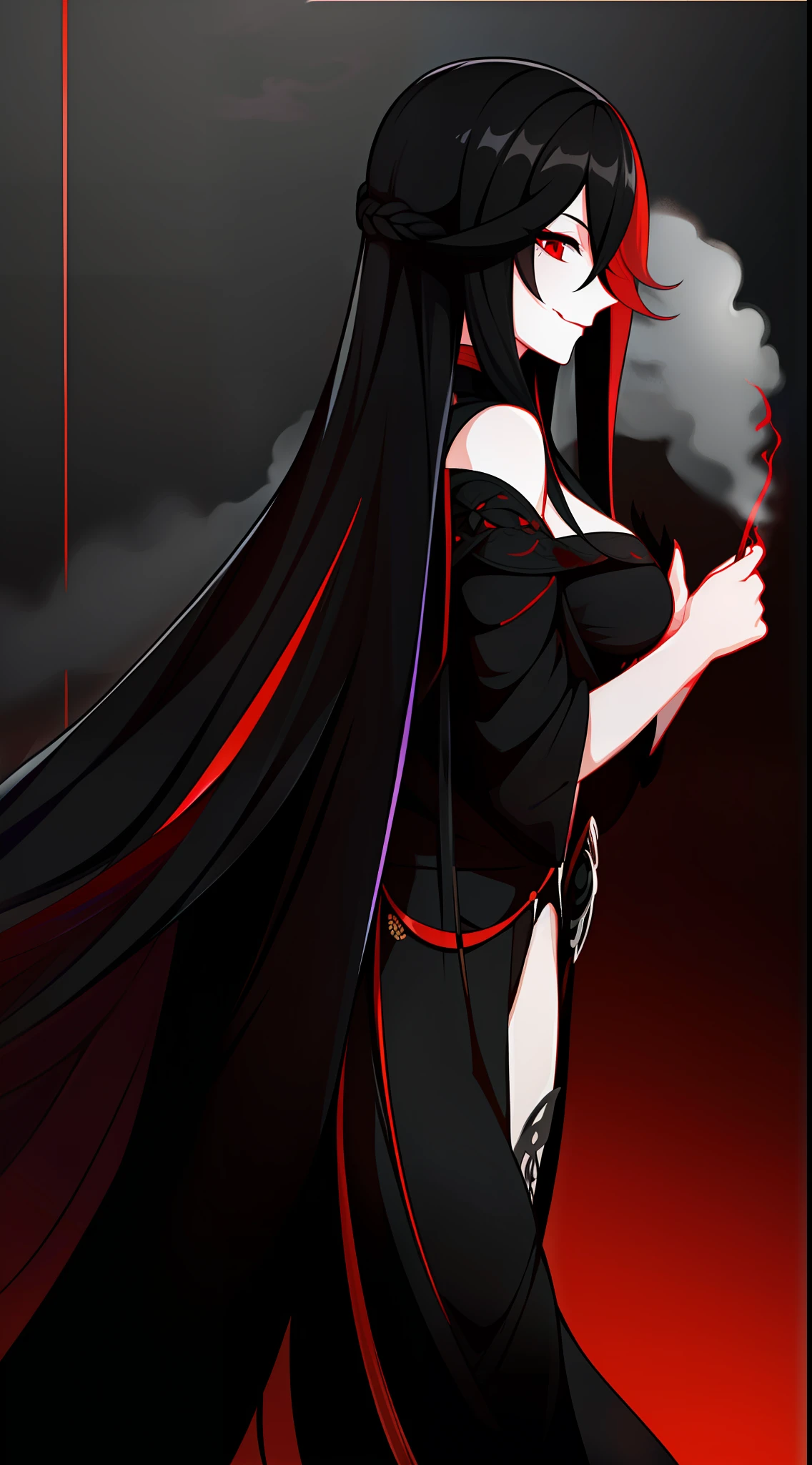 Adult woman, Long black hair, red-eyes, Black Luxury Dress, black lipstick, smirk, Smoke, Masterpiece, hiquality