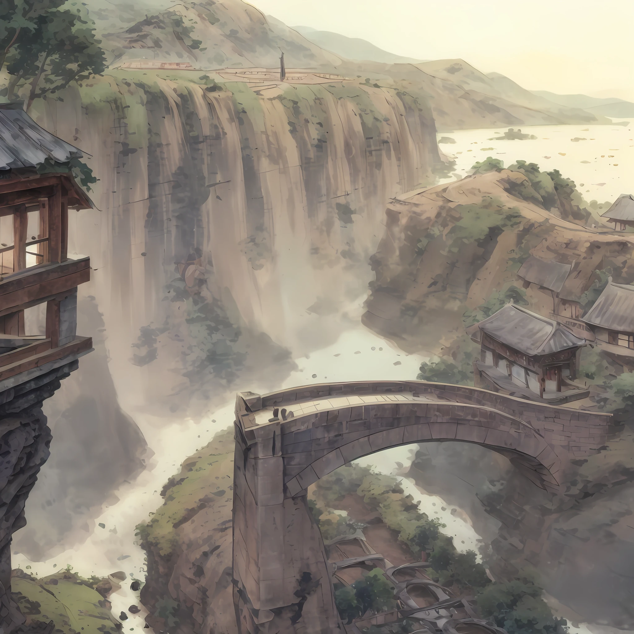 anime scene of a river with a house and a bridge, anime countryside landscape, anime background art, anime scenery concept art, beautiful anime scene, background artwork, anime scenery, anime beautiful peace scene, anime background, attack on titan scenery, beautiful anime scenery, background art, beautiful detailed scene, legend of korra setting, relaxing concept art, immensely detailed scene