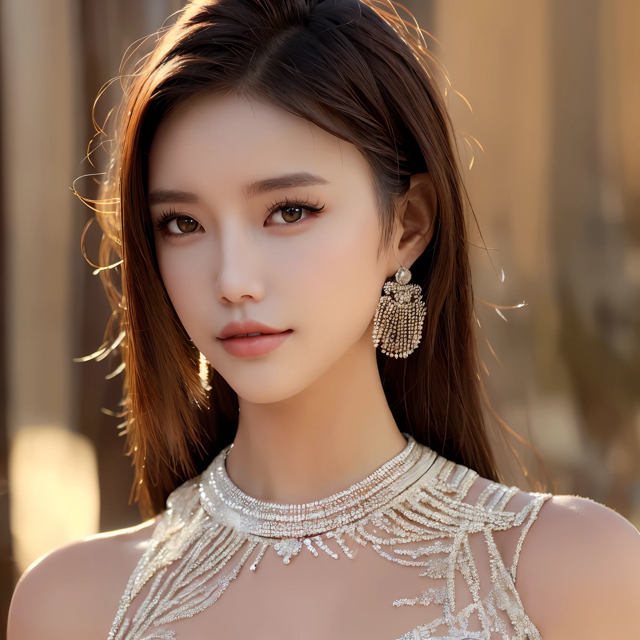 (Happiness like a goddess: 1.2), Kpop idol, 20 years old, Brown eyes, Short hair, (RAW photo: 1.2), (Photoreal: 1.4), (Masterpiece: 1.3), (Intricate details: 1.2), Delicate, Beautiful and detailed, (Detailed eyes), (Detailed facial features), (dress), Tall woman, Thin waist, taut skin, (beholder), From the front, large circle earrings, Slim legs, (Skinny), (Best) quality: 1.4), (超高分辨率: 1.2), cinematic lighitnglamplight, (Gloss on lips, eyeslashes, Top quality, 超高分辨率, Depth of field, Caustics, Wide-area lighting, naturalshadow, 85mm, f/1.4, iso 200, 1/160s: 0.75), Dynamic pose,