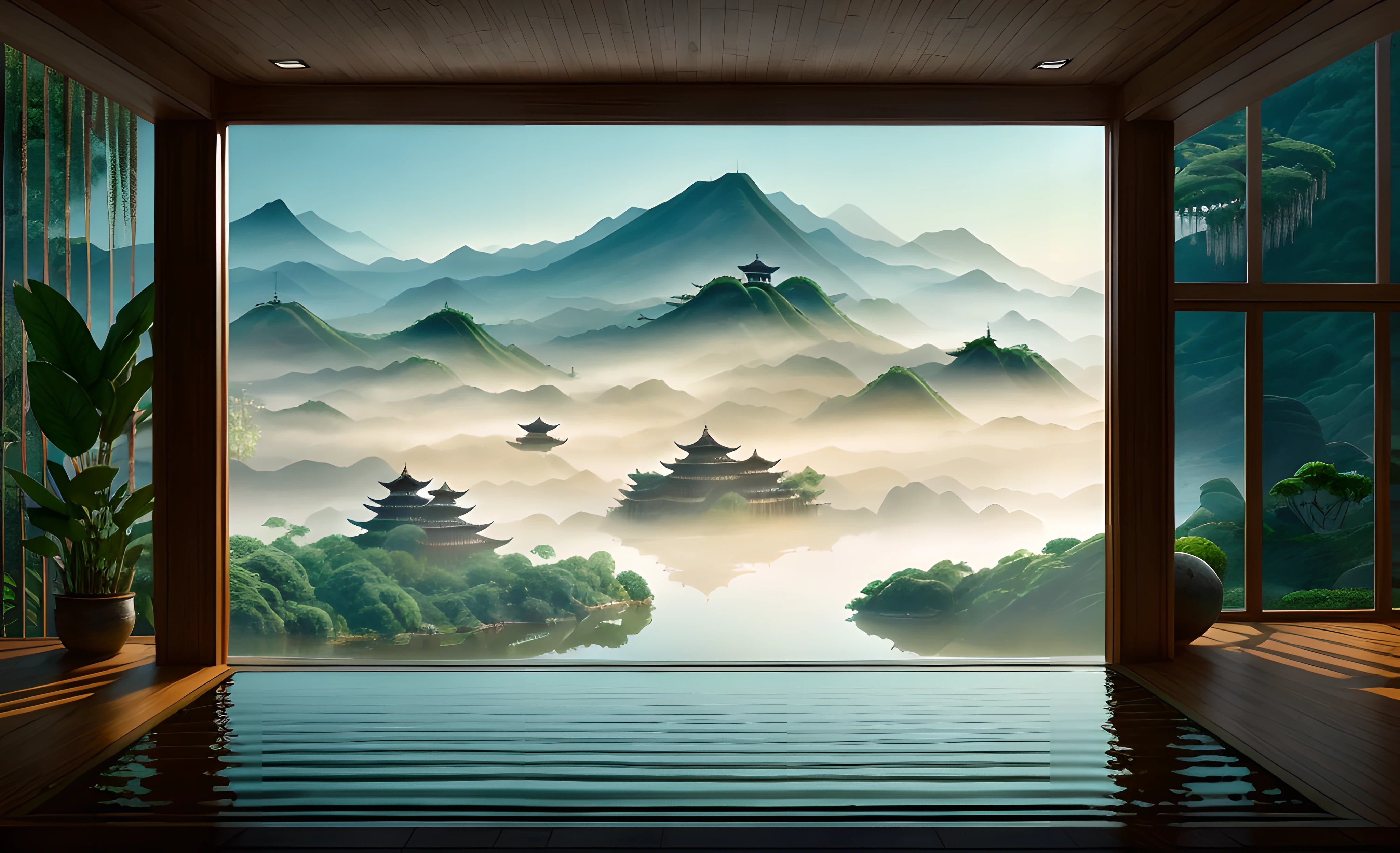 real rendering,The interior is brightly lit,Outdoors during the day,Don't look at the night view,Best quality at best,highly detailed,tmasterpiece,ultra - detailed,extremely detailed CG unity 8k wal,tmasterpiece,best qualityer,Chinese martial arts style,There are water lilies,There are lanterns,There are boats in the water,Lake surface,lotuses,The beautiful,(( (Chinese martial arts style))), The sky is vast, Even the mountain cliffs, ink wash style, Contour light, Atmospheric atmosphere, depth of fields, The fog rises, bamboos, pines, Octagonal stone pavilion, Flying waterfalls,