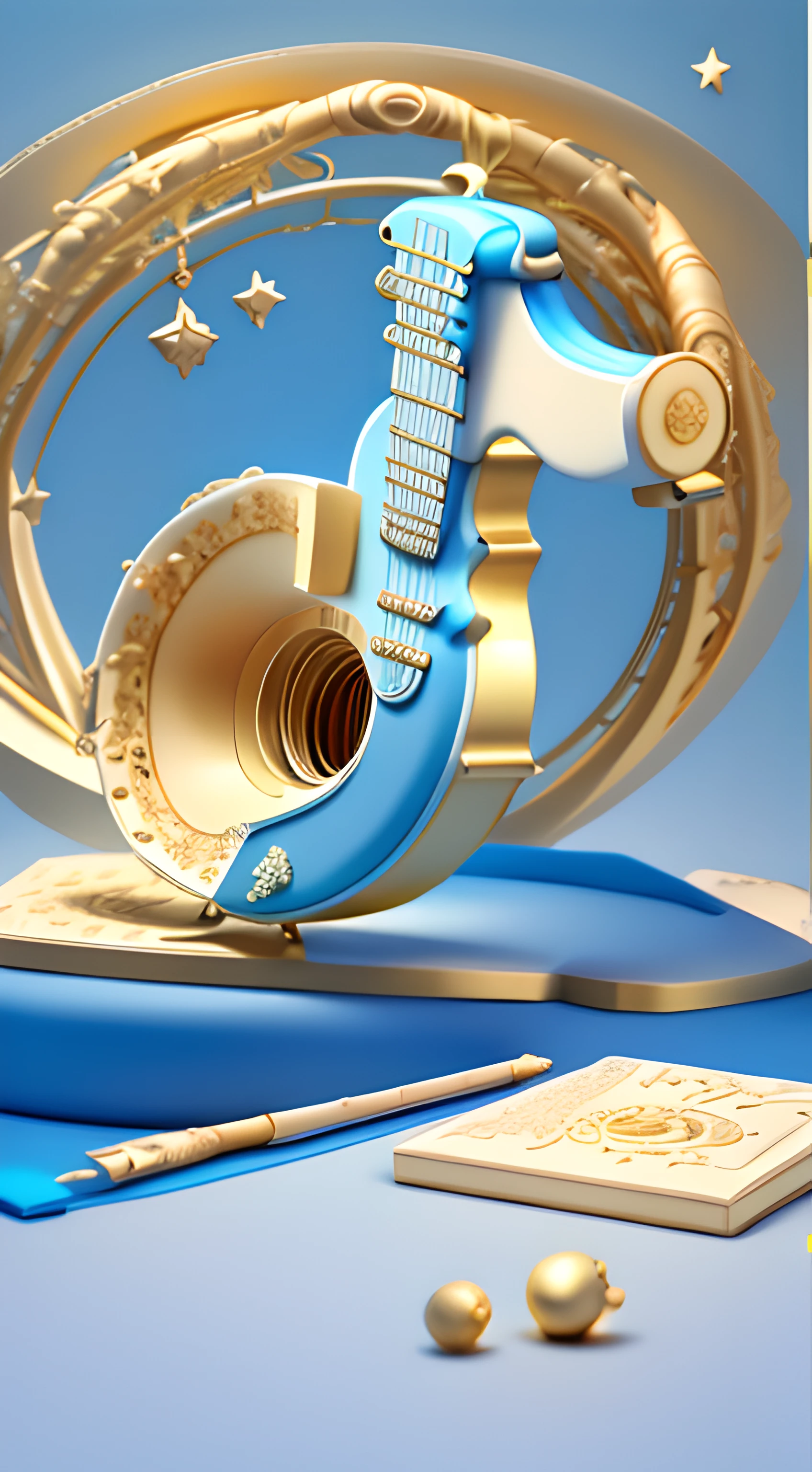 morandi color,blue white colors,,blue backdrop,starrysky:2,Golden curves,TikTok symbols(Internal guitar,microphones,Kim Violin,Golden magnolia flowers:2,Golden Bamboo),Gold plastic armor,Funeral style,Xianxia TV series