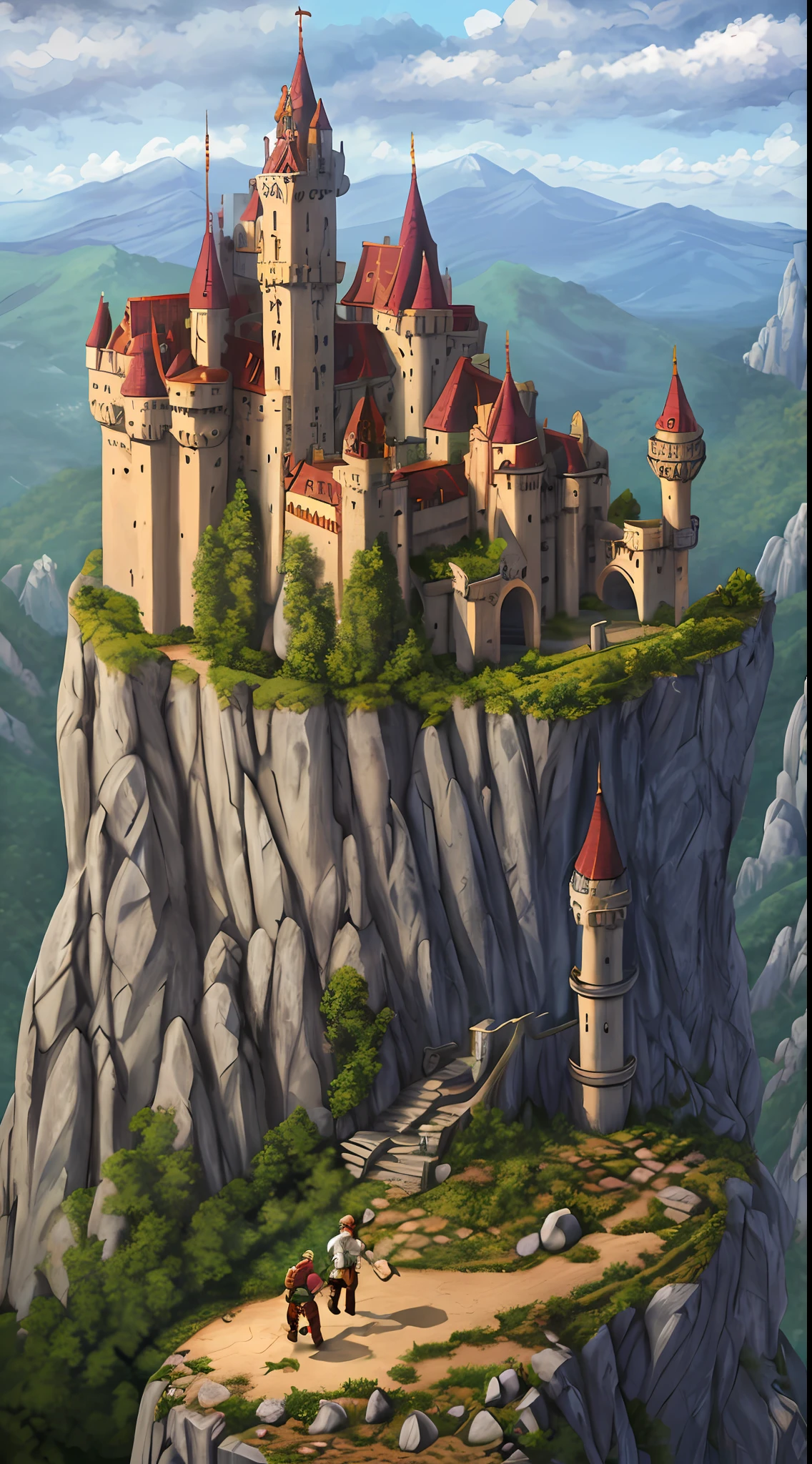 Forbidden castle on the mountain，pixelart，（complexdetails：1.12），hdr，（complexdetails，Hyper-detailing：1.15），（Natural skin texture，ultra-realistic realism，softlighting，Sharp：1.2），Critical vision, ultra-realistic realism、A young man carries a boulder on his back，Climb the steps