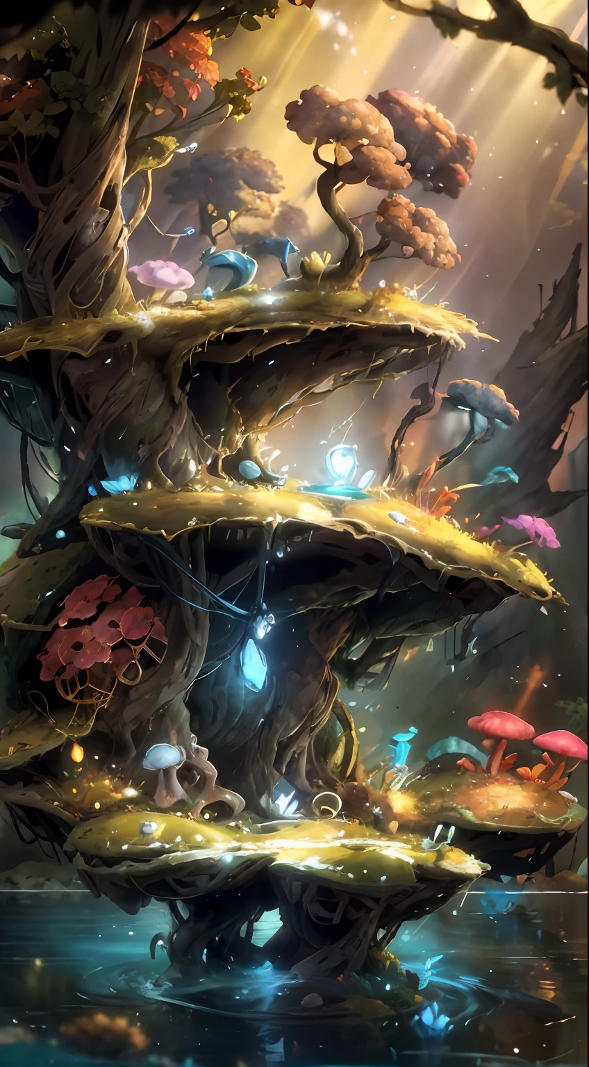 author:pino daeni,author:ruanjia,author:Alayna Lemmer,author:Carlo Galli Bibiena,Tree holes,twilight rays,Golden light,starrysky,Forest with water and rocks and glowing mushrooms,(Ori and the Blind Forest),(ori and the will of the wisps),2 d game,number art,realisitc proportions,Sharp focus,(hdr),(8K),(gigapixel),((tmasterpiece))