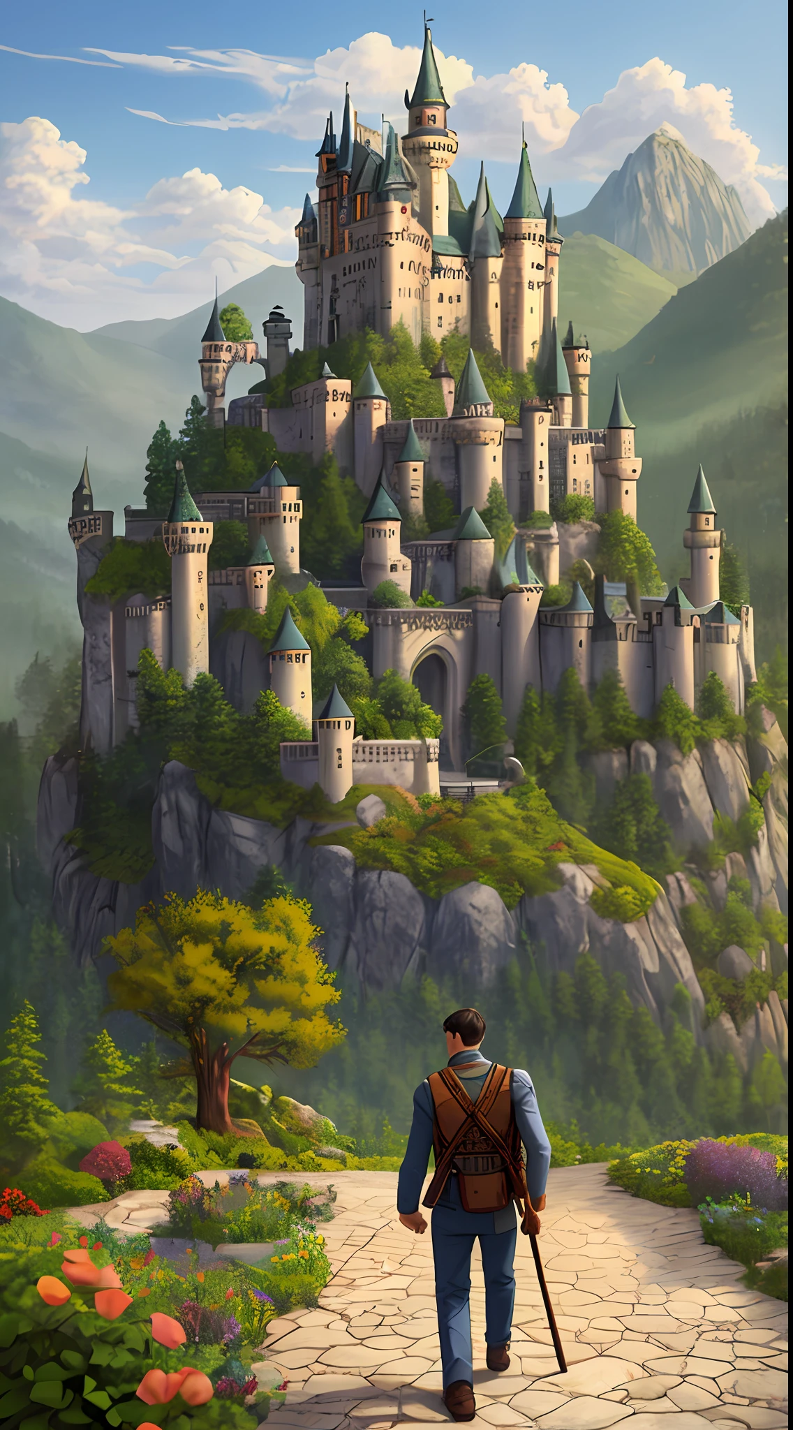 Forbidden castle on the mountain，pixelart，（complexdetails：1.12），hdr，（complexdetails，hyper-detailing：1.15），（Natural skin texture，ultra-realistic realism，softlighting，sharp：1.2），art for the game，Critical vision, ultra-realistic realism、A young man carries a boulder on his back and walks up