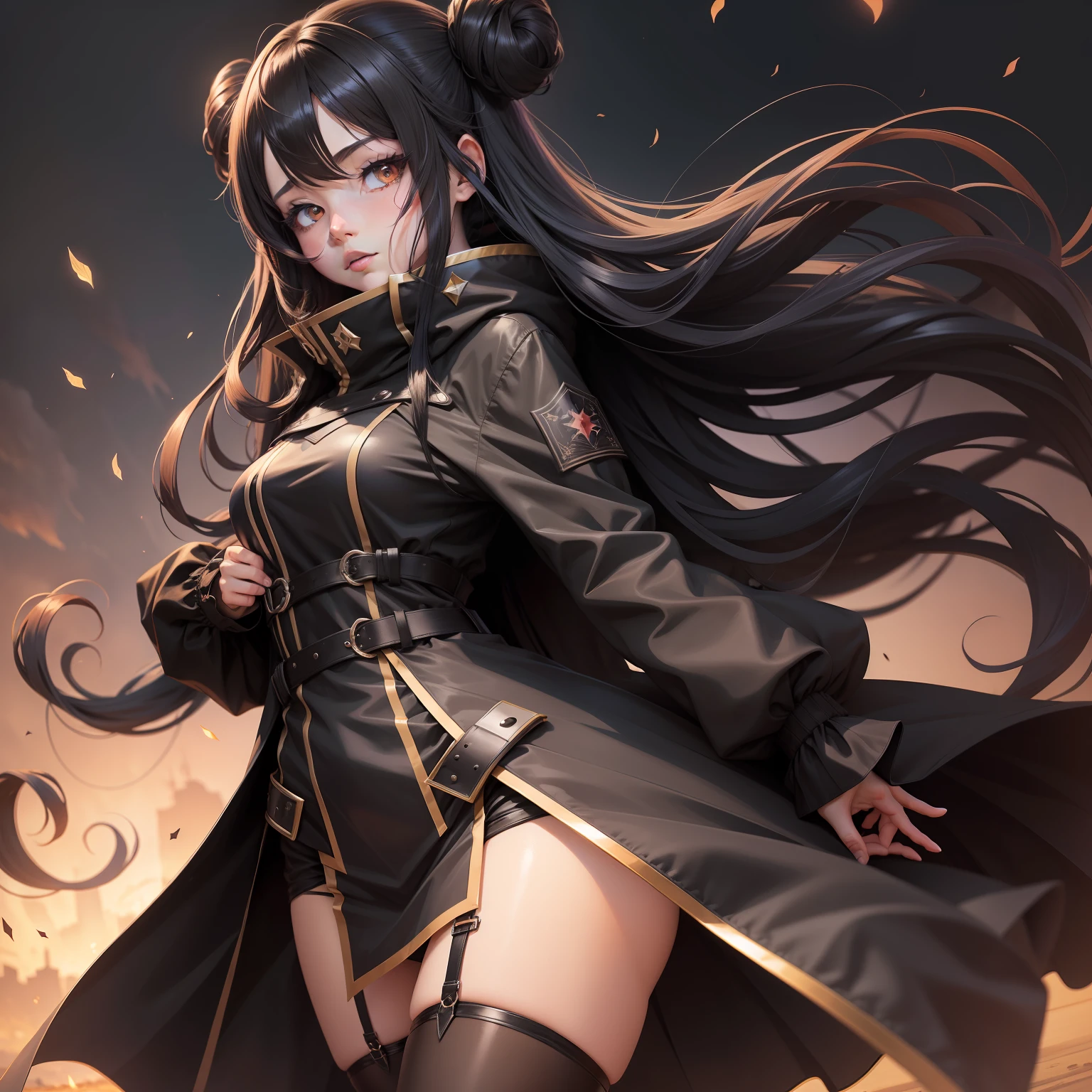 wind coat, black lence stockings, An anime girl, Striped hair, Gradient hair, Long hair, Brown hair, x-shaped pupils, Gradient eyes, with brown eye, Anime, Masterpiece