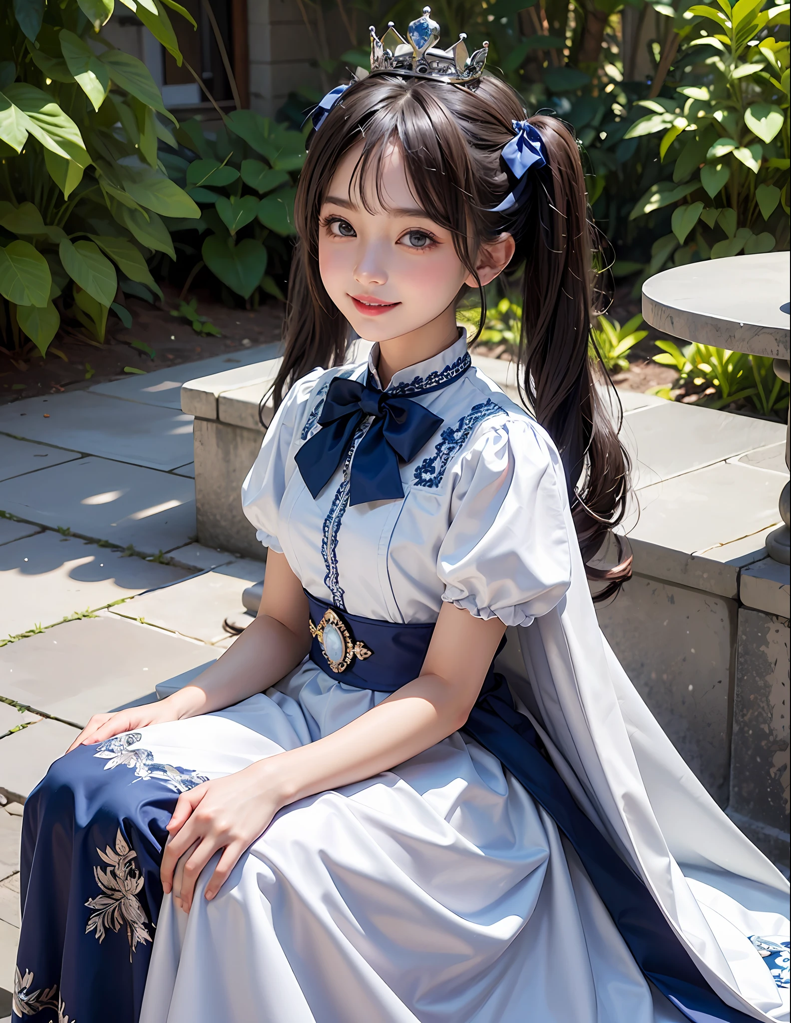 1Blittle girl,twintails,brunette color hair,By bangs,White embroidered long dress,Blue bow,9--old ale model,Princess,crown,Smile,