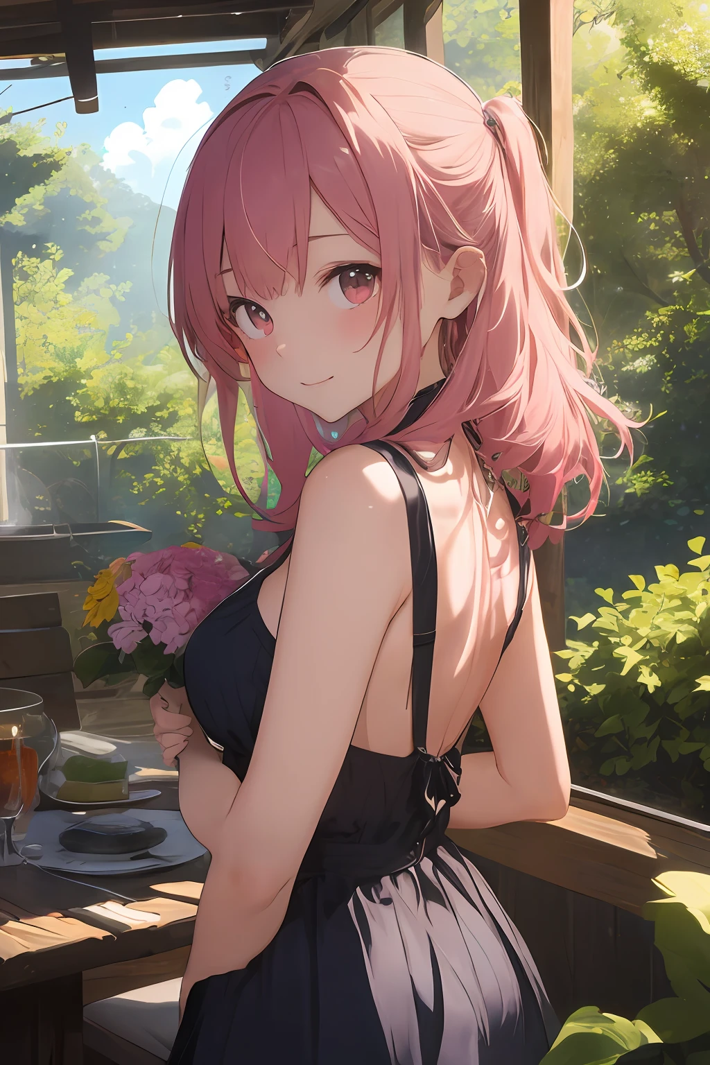 (masterpiece、realisitic:1.4)、(very intricate:1.2)>、Close Shot、((Pastel tones)),portlate、(The upper part of the body:1.2)、(directly in front)、(dinner table)、backless dress、a short skirt、(Very long hair)、A smile、breastsout、bare shoulders、garden、((Holding a bouquet))、nigh sky、(florals)、(Confetti)、looking at the viewers、Italian、tilt of the head、the wind、rays of moonlight、1girl in、独奏、Pink hair、BREAK、ciinematic light、超A high resolution、8KUHD、film grains、perfect anatomia、Exquisitely detailed skin、 Best Shadows、Delicate、raw、hight resolution、Precise background、(Natural forest in the background)、(breastsout)Protrusion of