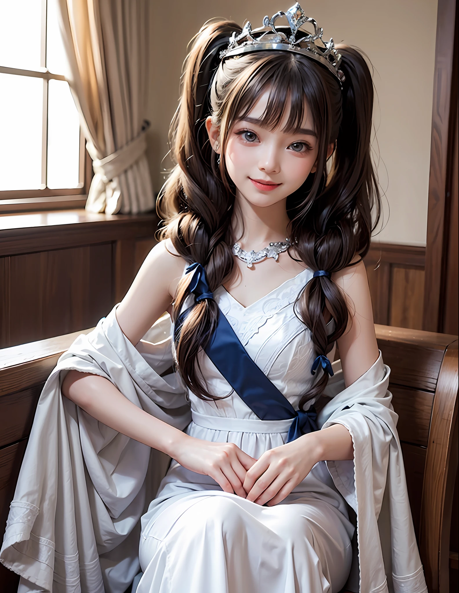 1Blittle girl,twintails,brunette color hair,By bangs,White embroidered long dress,Blue bow,9--old ale model,Princess,crown,Smile,