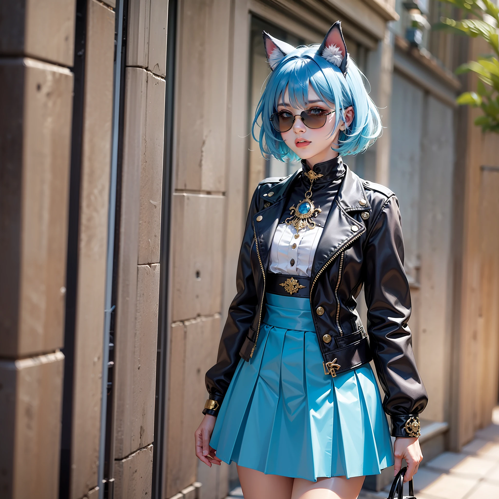 blue short hair,Black sunglasses,blue surcoat,Short blue skirt,ornate decoration,Blue cat ears,