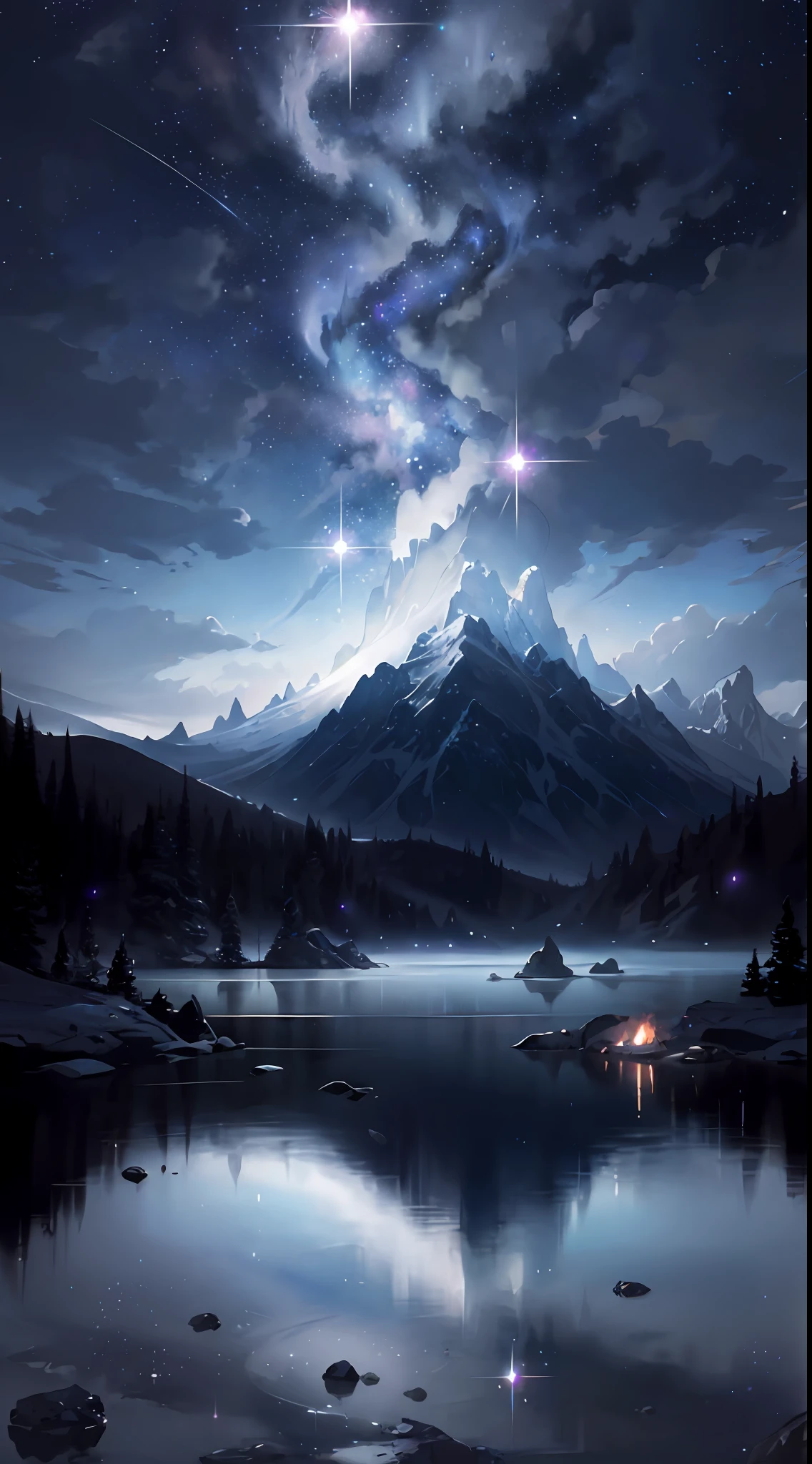 Starry sky with mountains and lakes、Jessica Rosier、Inspired by Jessica Rossier、Jessica Rossier Fantasy Art、Concept Art Magic Highlights、official artwork、Dream painting、Ether Realm、Atmospheric Artwork、Dreamy matte painting、Gentle infinite stars inspired by Ted Nasmyth、Starry sky environment illuminated by moonlight、