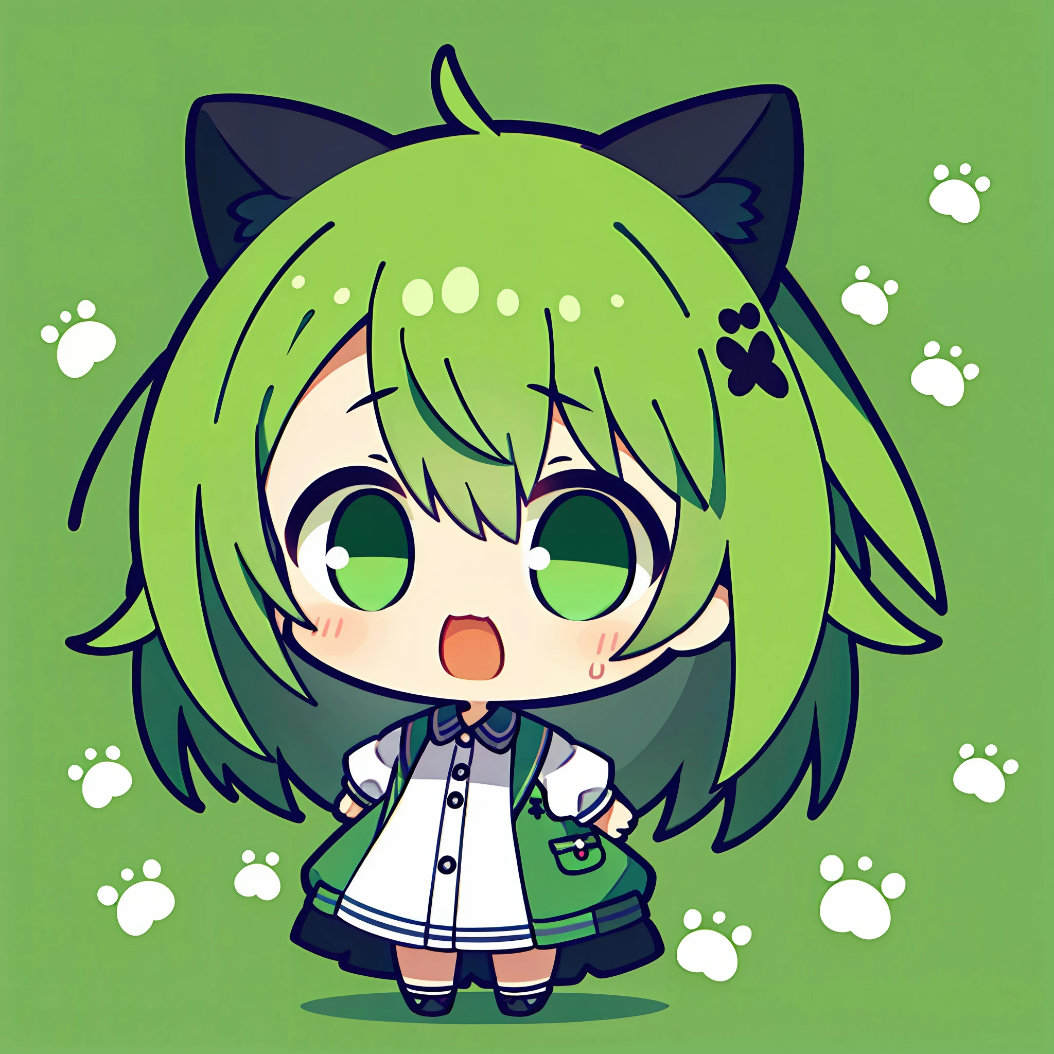 masterpiece, top-quality, large mouth、Big eyes、Surprised face、Mass sweat、Full body depiction, Arms outstretched、 1girl in、Jade-colored jacket、cartoon bone、 Black cat ears,Chibi:1,Chibikyara, Green Hair Anime Girl, cowboy shot, Colorless solid background
