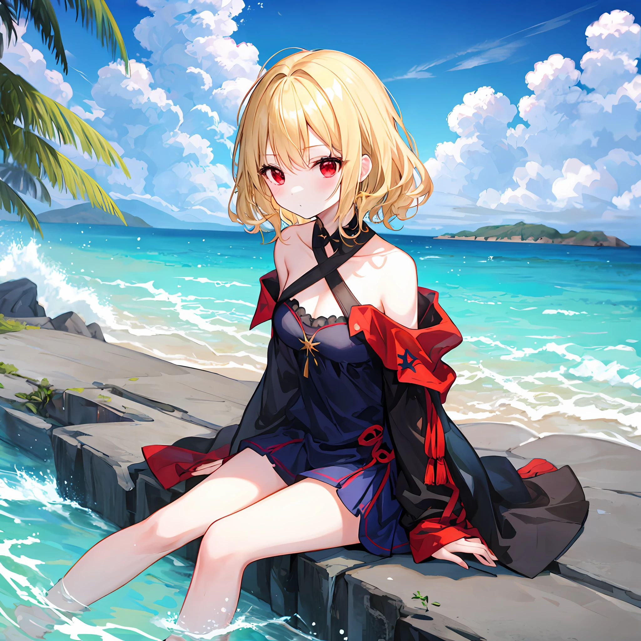 Wavy blonde girl、独奏、red eyes、doress、off shoulders、suns、sea side、sitting on