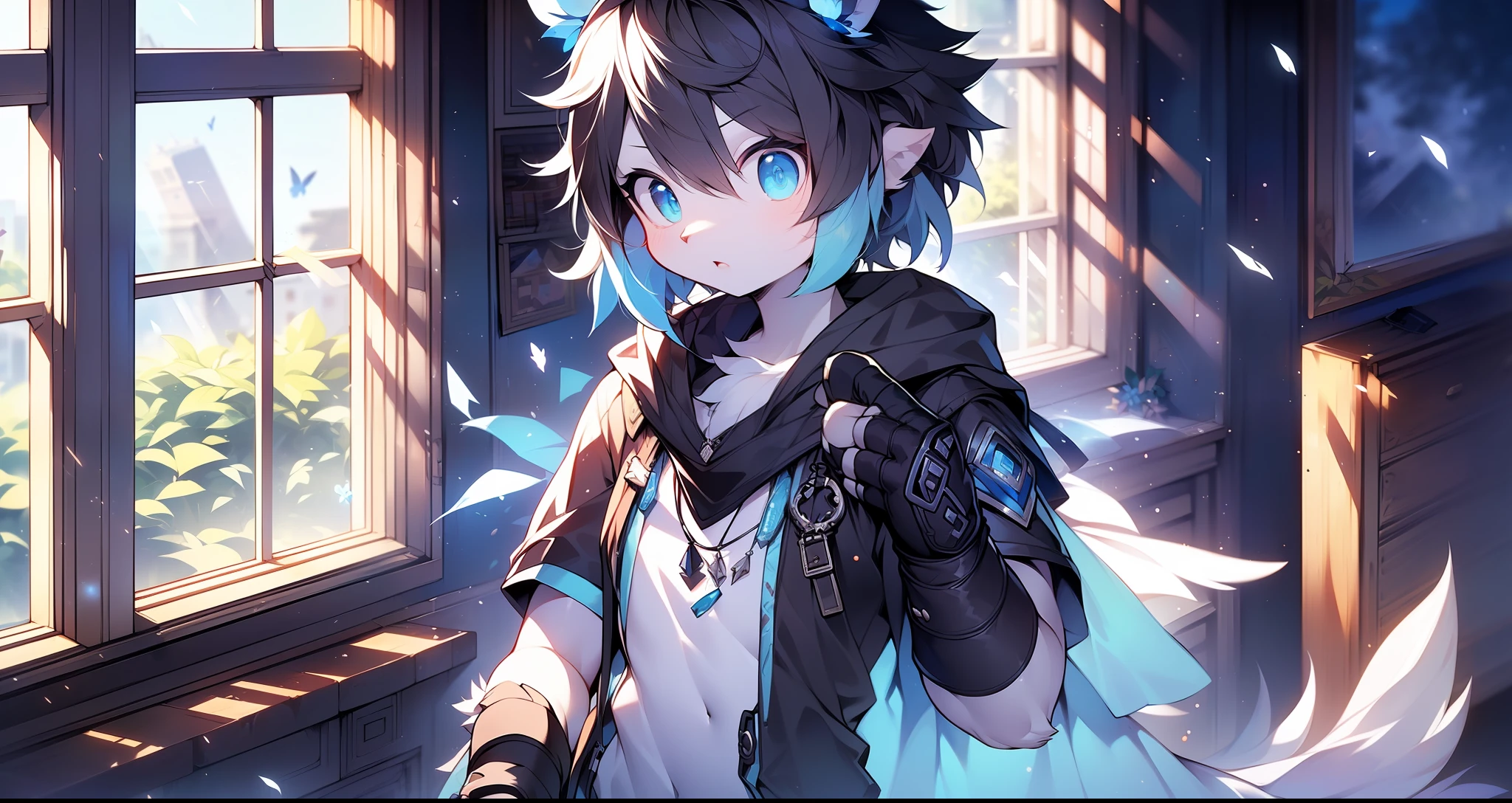 A butterfly,((Shota)),(((Wear black fingerless gloves)))(Blue and black hair),((solo person)),Fluffy,((standing in front of the window)),(Illuminated by moonlight),((There are a lot of blue crystals around her)),((Extreme light and shadow)),(((Facing the window)))