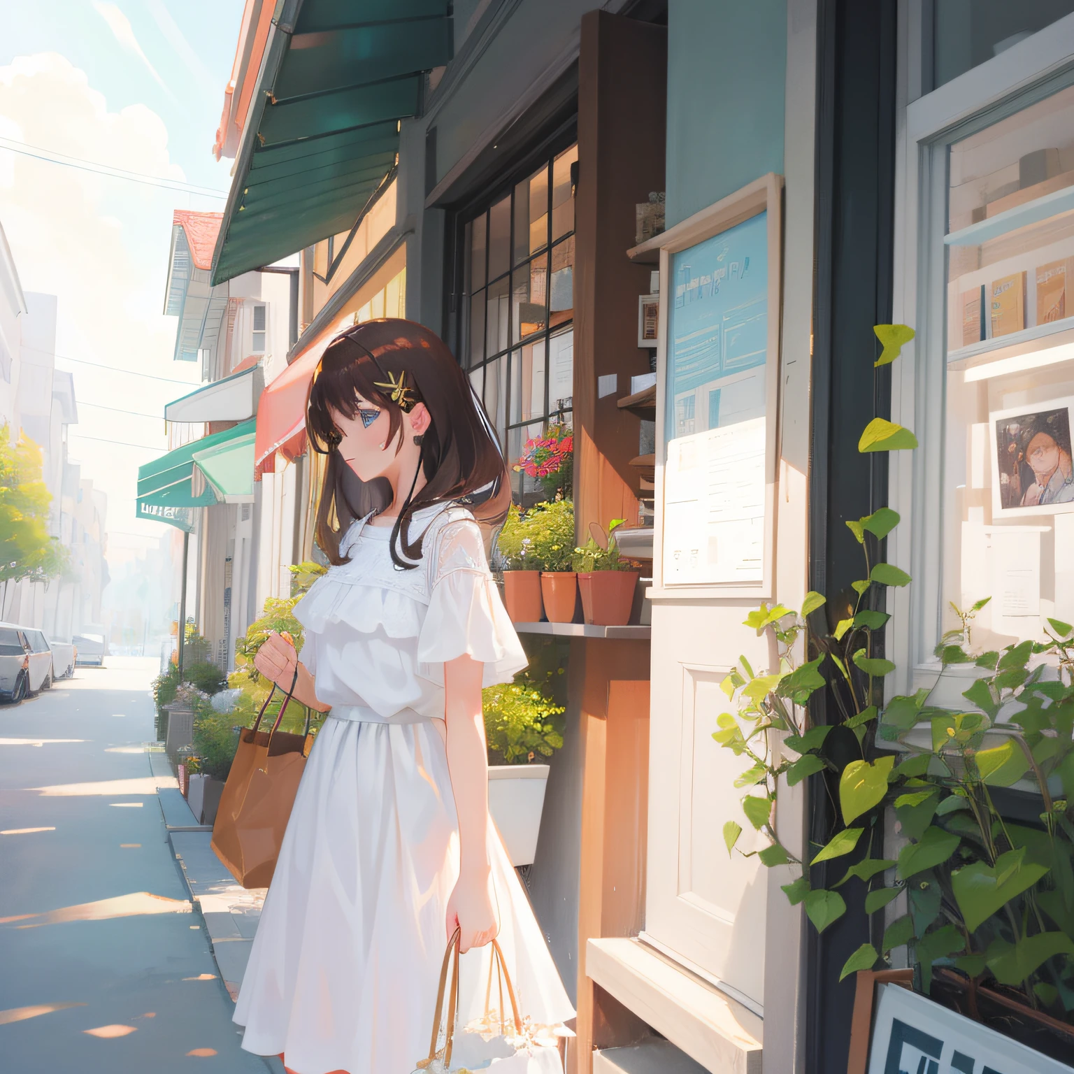 one-girl，brunette color hair，White dress