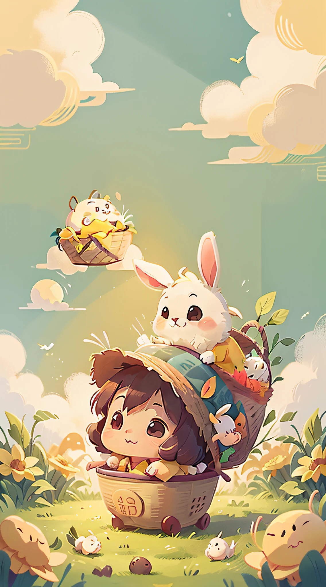 Liqiu solar term illustration style, Cute little bunny, Golden yellow rice background, White clouds float in the sky, The little rabbit smiled into a line, It contained a basket filled with fresh rice