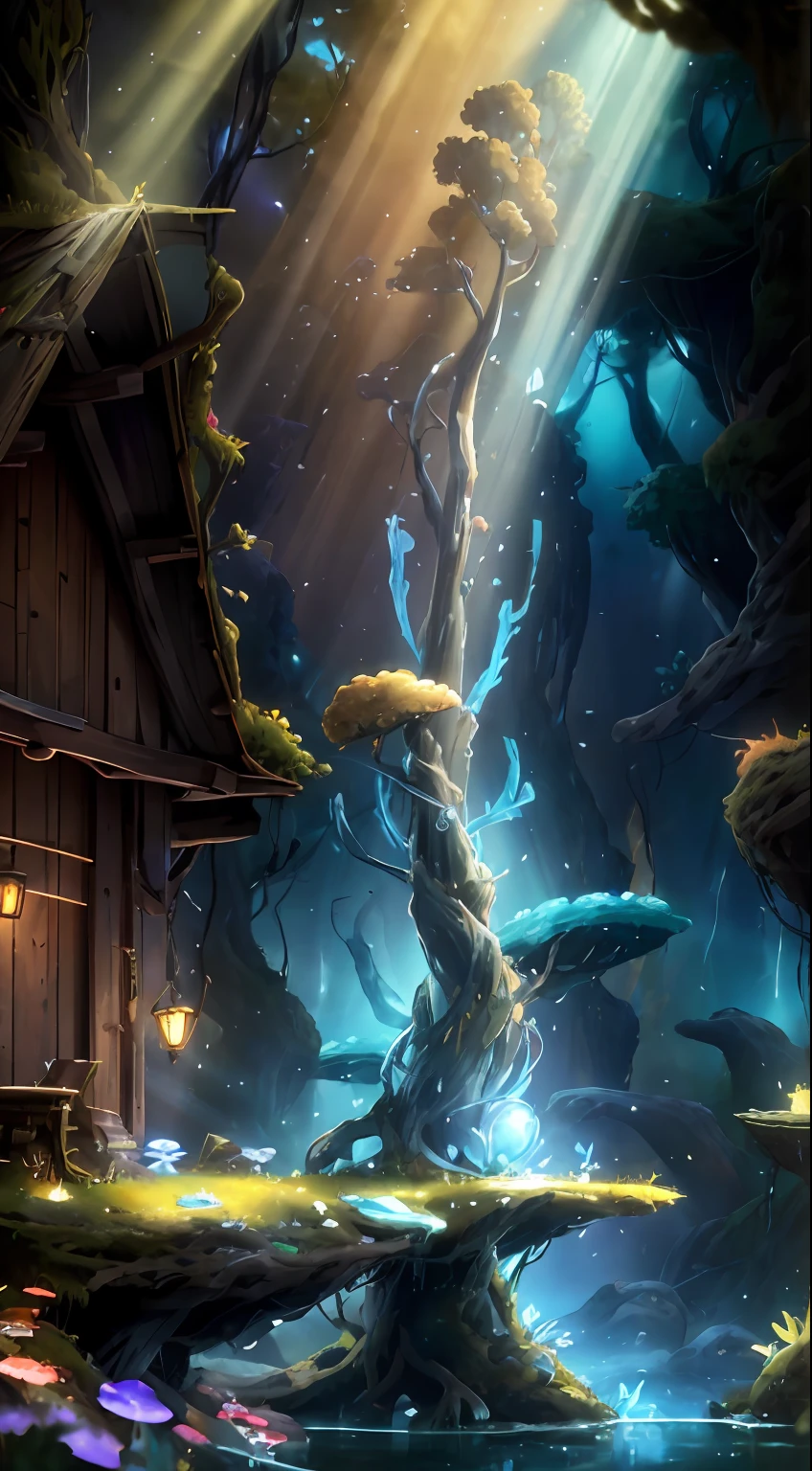 author：pino daeni，author：ruanjia，author：Alayna Lemmer，author：Carlo Galli Bibiena，Tree holes，twilight rays，Golden light，starrysky，Forest with water and rocks and glowing mushrooms，（Ori and the Blind Forest），（ori and the will of the wisps），2 d game，number art，realisitc proportions，Sharp focus，（hdr），（8K），（gigapixel），（（tmasterpiece））